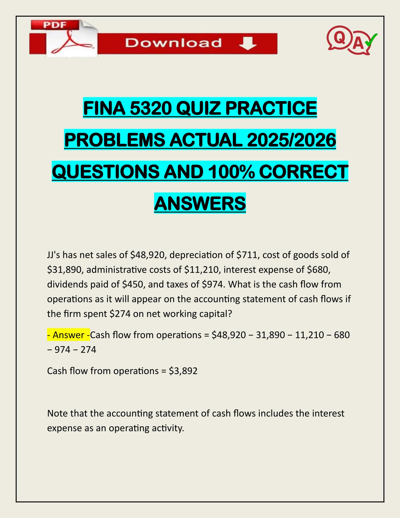 FINA 5320 QUIZ PRACTICE PROBLEMS ACTUAL 2025/2026