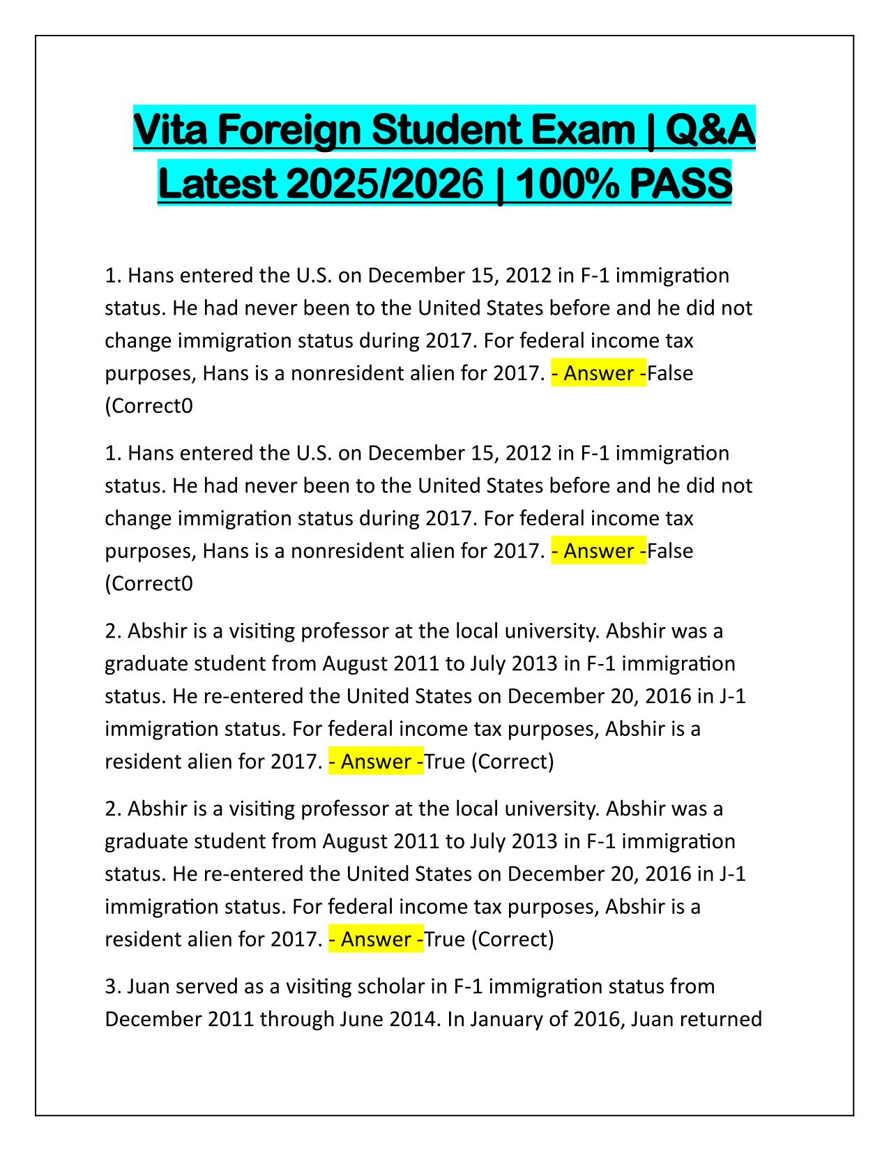 Vita Foreign Student Exam Q&A Latest Update 2025-2026