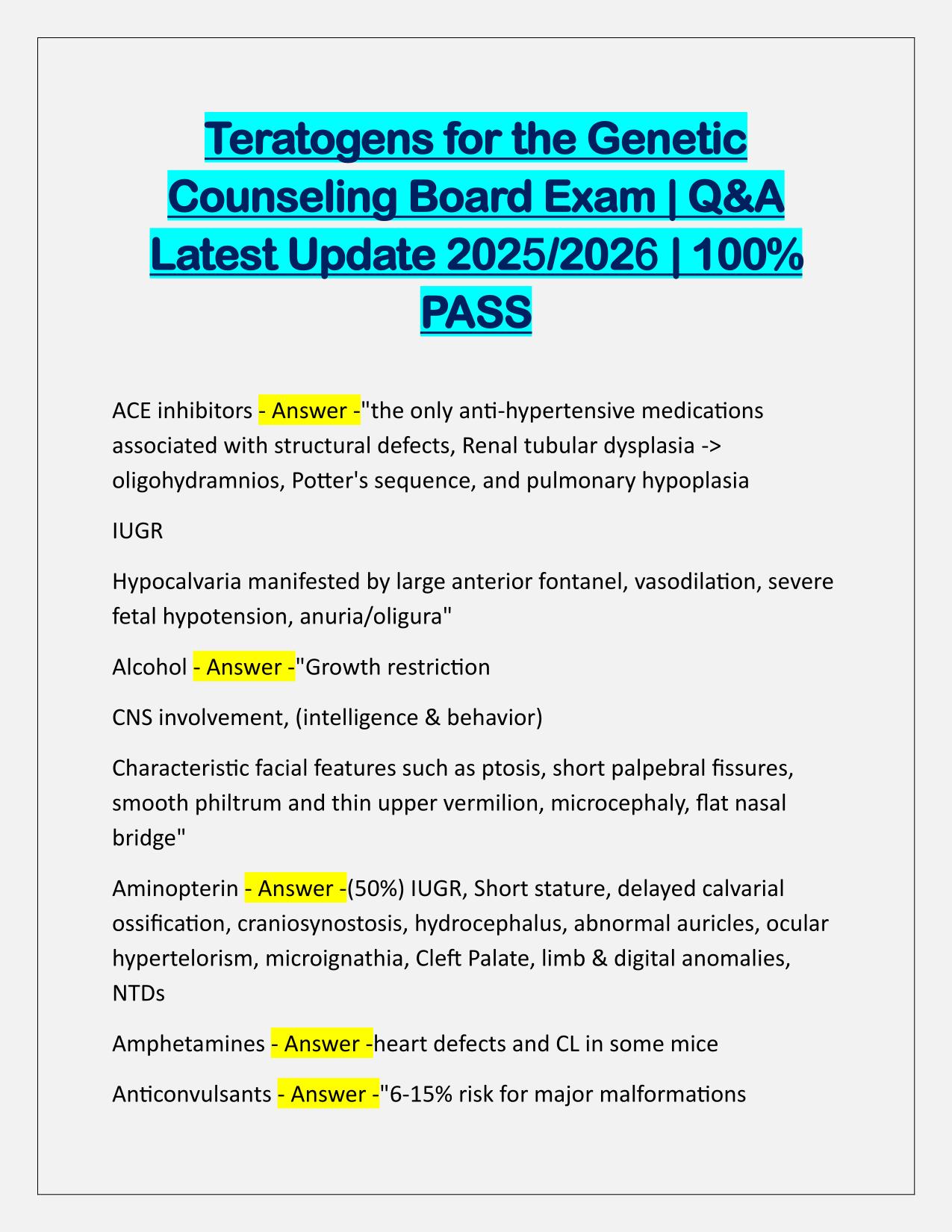 Teratogens for the Genetic Counseling Board Exam Q&A Updated