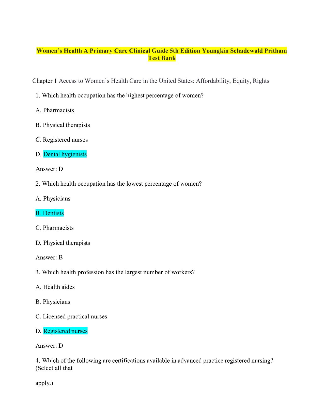Testbank for Women’s Health A Primary Care Clinical Guide 5th Edition Youngkin Schadewald Pritham latest Update