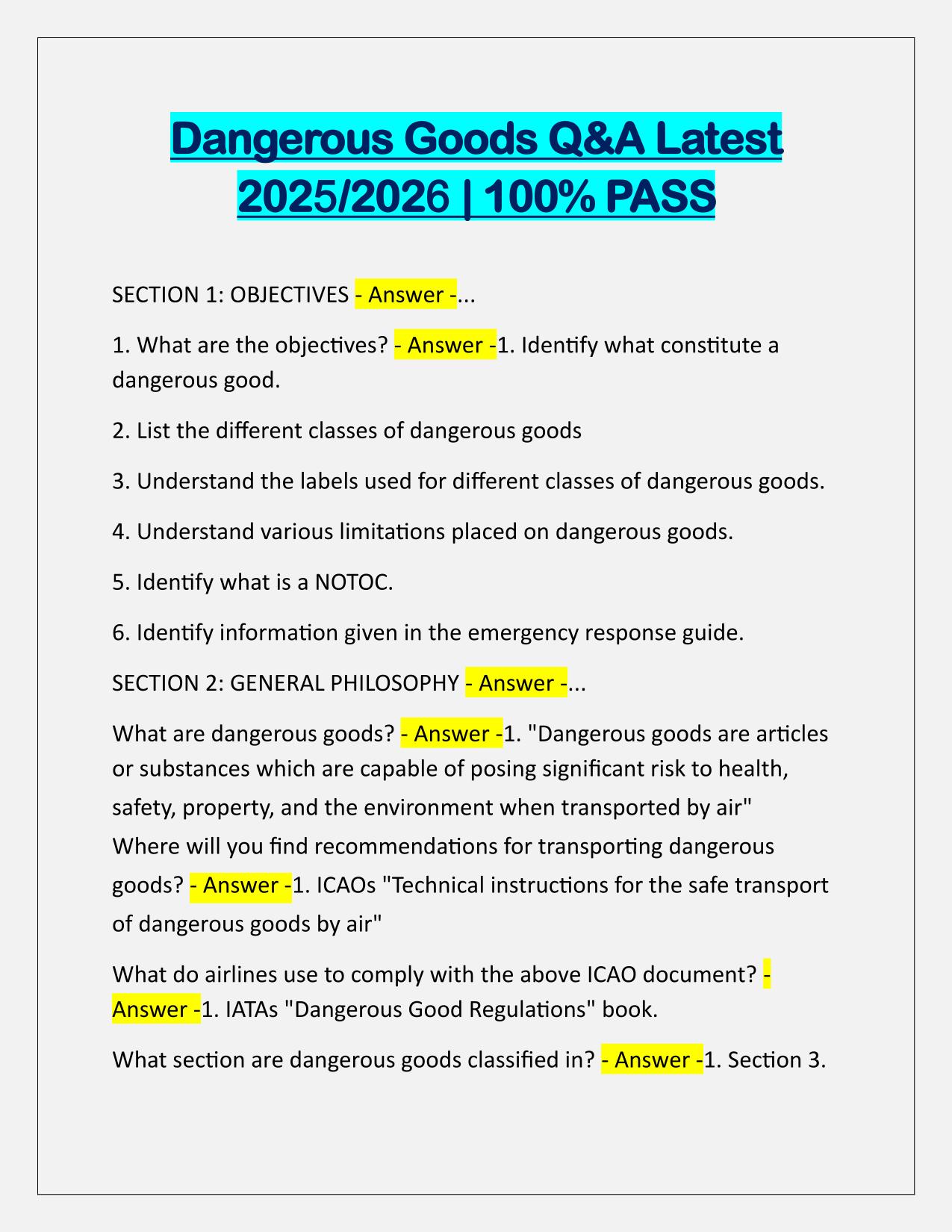 Dangerous Goods Correctly Answered Latest Update
