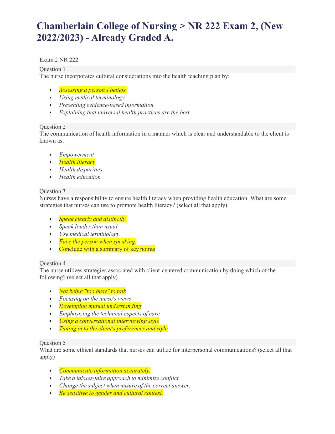 Chamberlain College of Nursing NR 222 Exam 2 (New 2025/2026) Already Graded A PDF Download