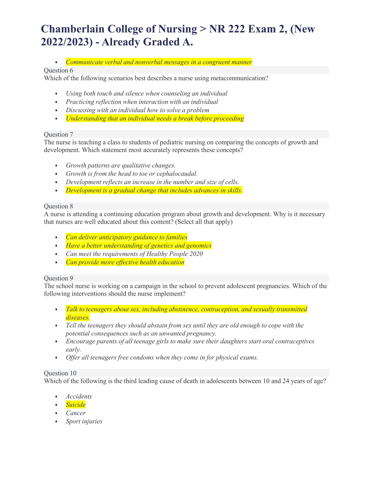 Chamberlain College of Nursing NR 222 Exam 2 (New 2025/2026) Already Graded A PDF Download