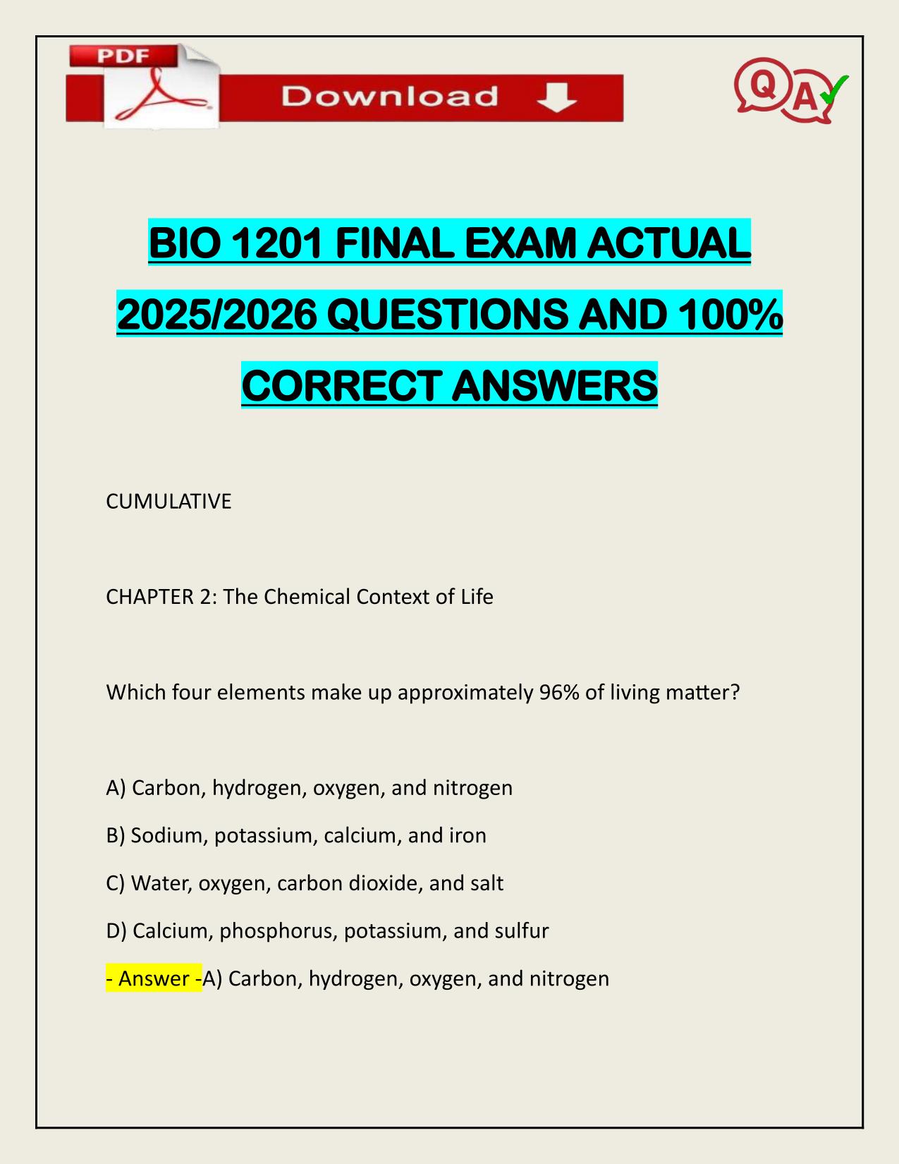 BIO 1201 FINAL EXAM ACTUAL 2025/2026 CORRECTLY ANSWERED 100% PASS