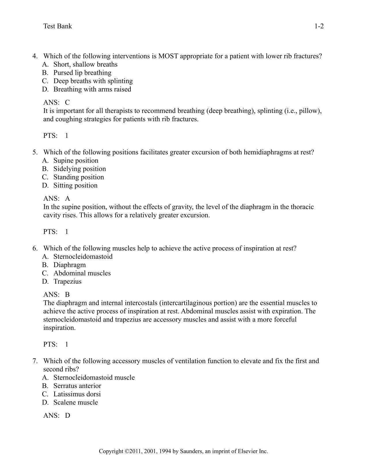 Test Bank for Essentials of Cardiopulmonary Physical Therapy 4th Edition Hillegass ISBN 9780323430548