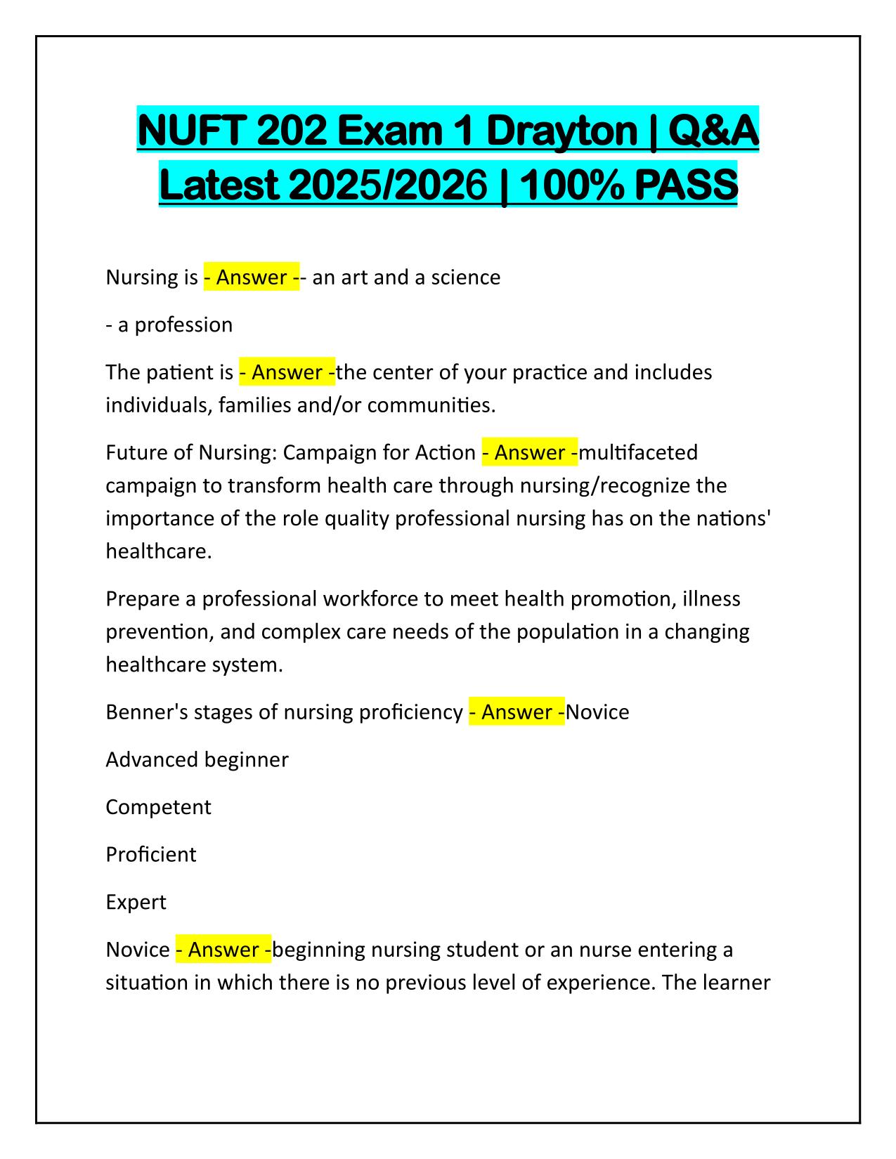 NUFT 202 Exam 1 Drayton Q&A Latest Update 100% PASS