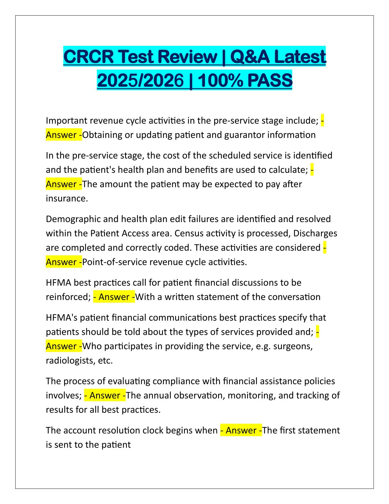 CRCR Test Review Correctly Answered Latest Update