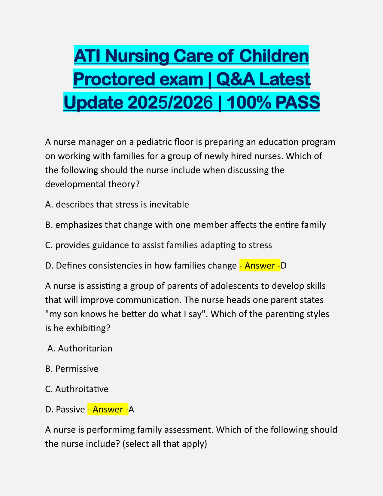 ATI Nursing Care of Children Proctored exam Q&A Latest Update