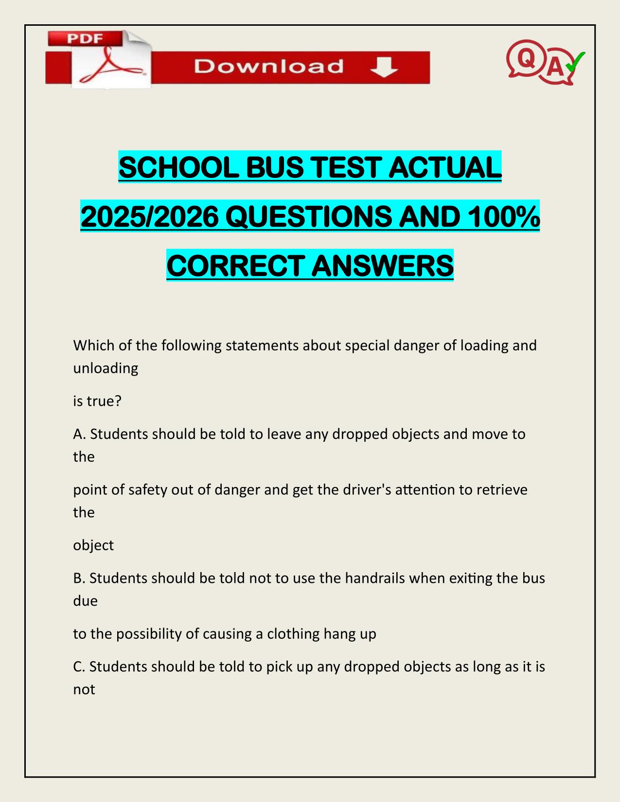 BUNDLE FOR SCHOOL BUS TESTS ACTUAL 2025/2026 Q&A 100% PASS