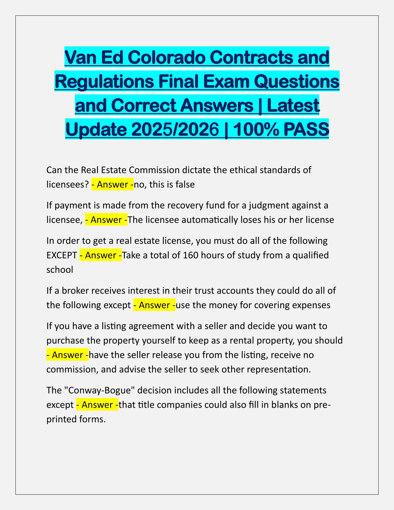 Van Ed Colorado Contracts and Regulations Final Exam Q&A Latest Update