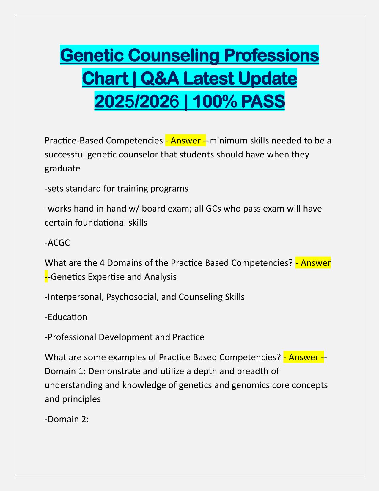 Genetic Counseling Professions Chart Correctly Answered Latest Update