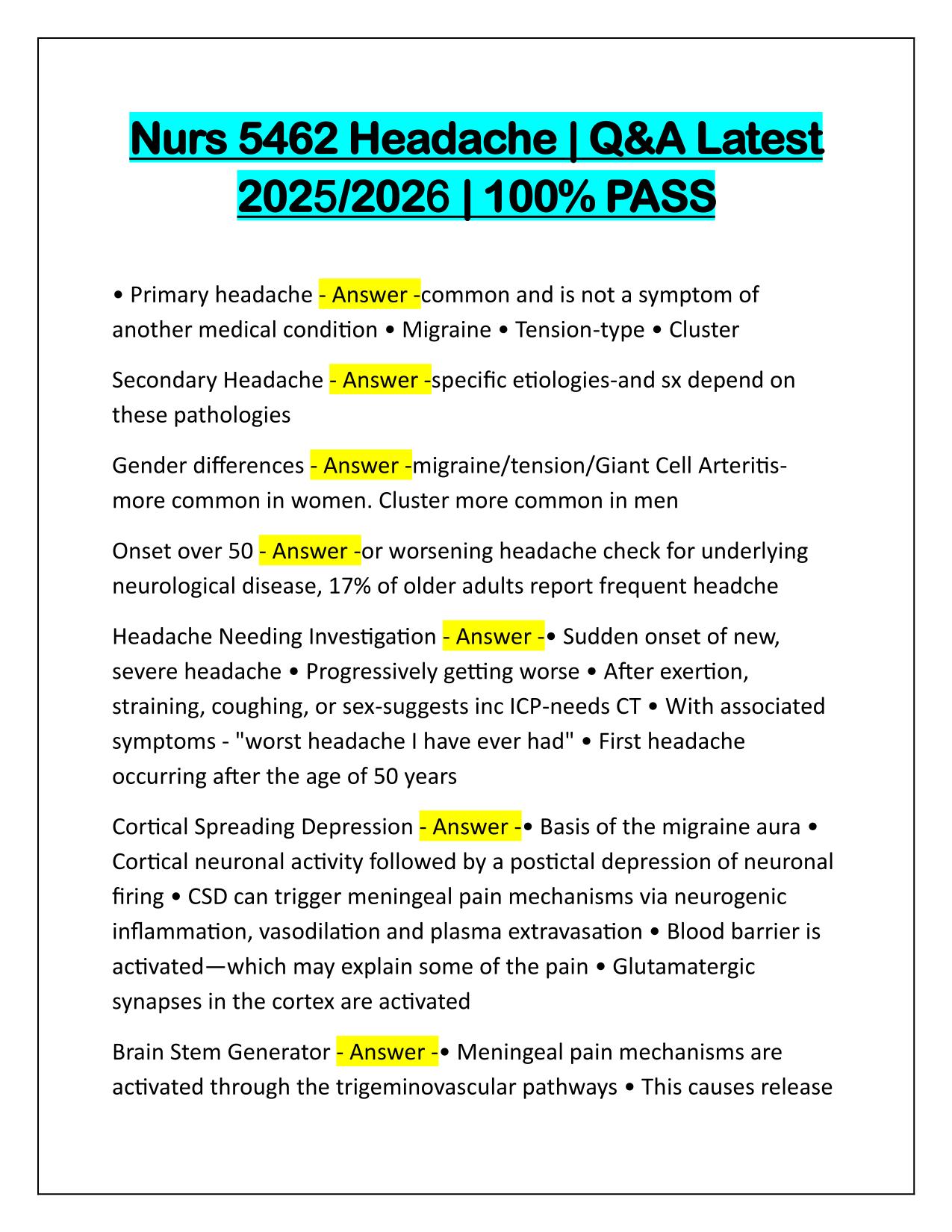 Nurs 5462 Headache Q&A Latest Update