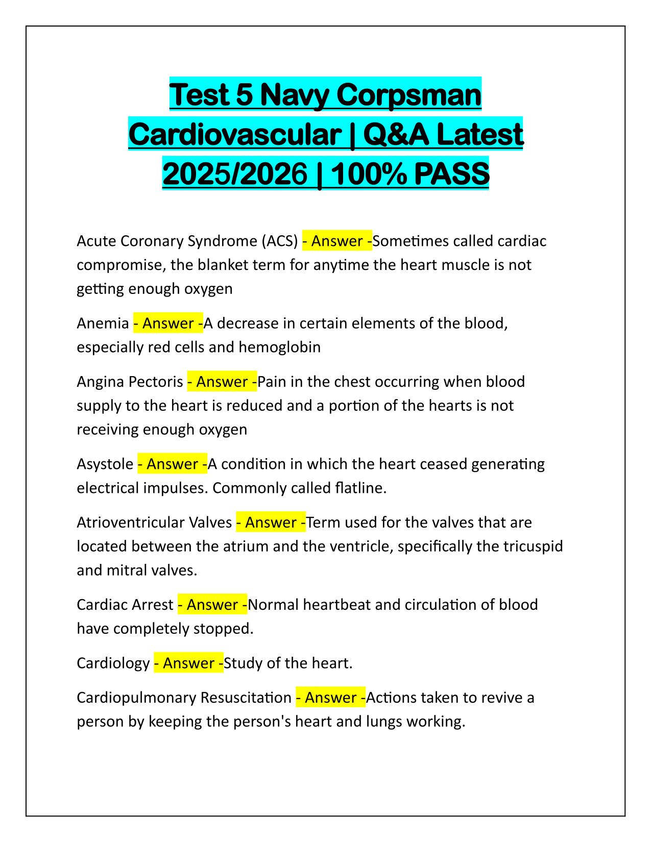 Test 5 Navy Corpsman Cardiovascular Latest Update 2025 Q&A 