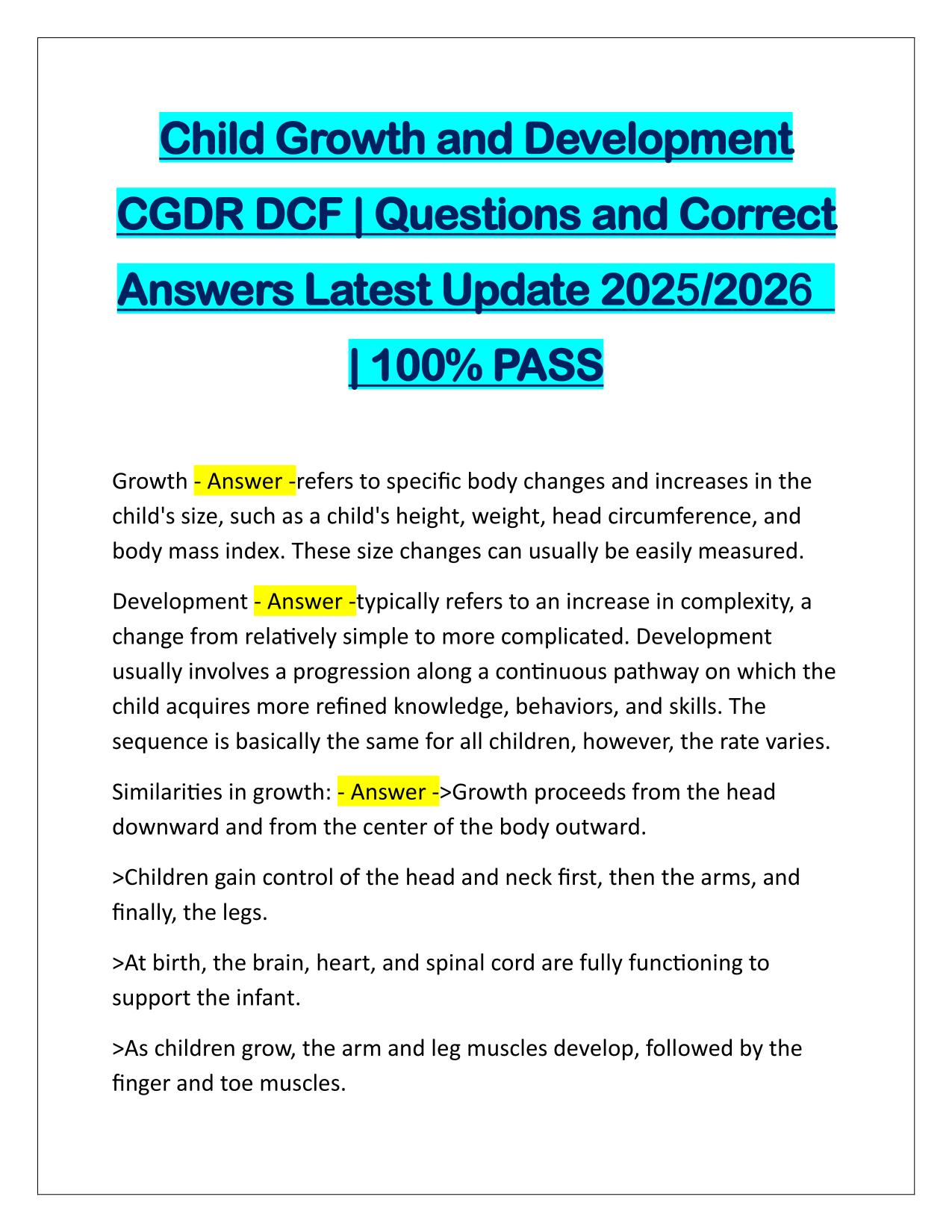 Child Growth and Development CGDR DCF Correctly Answered