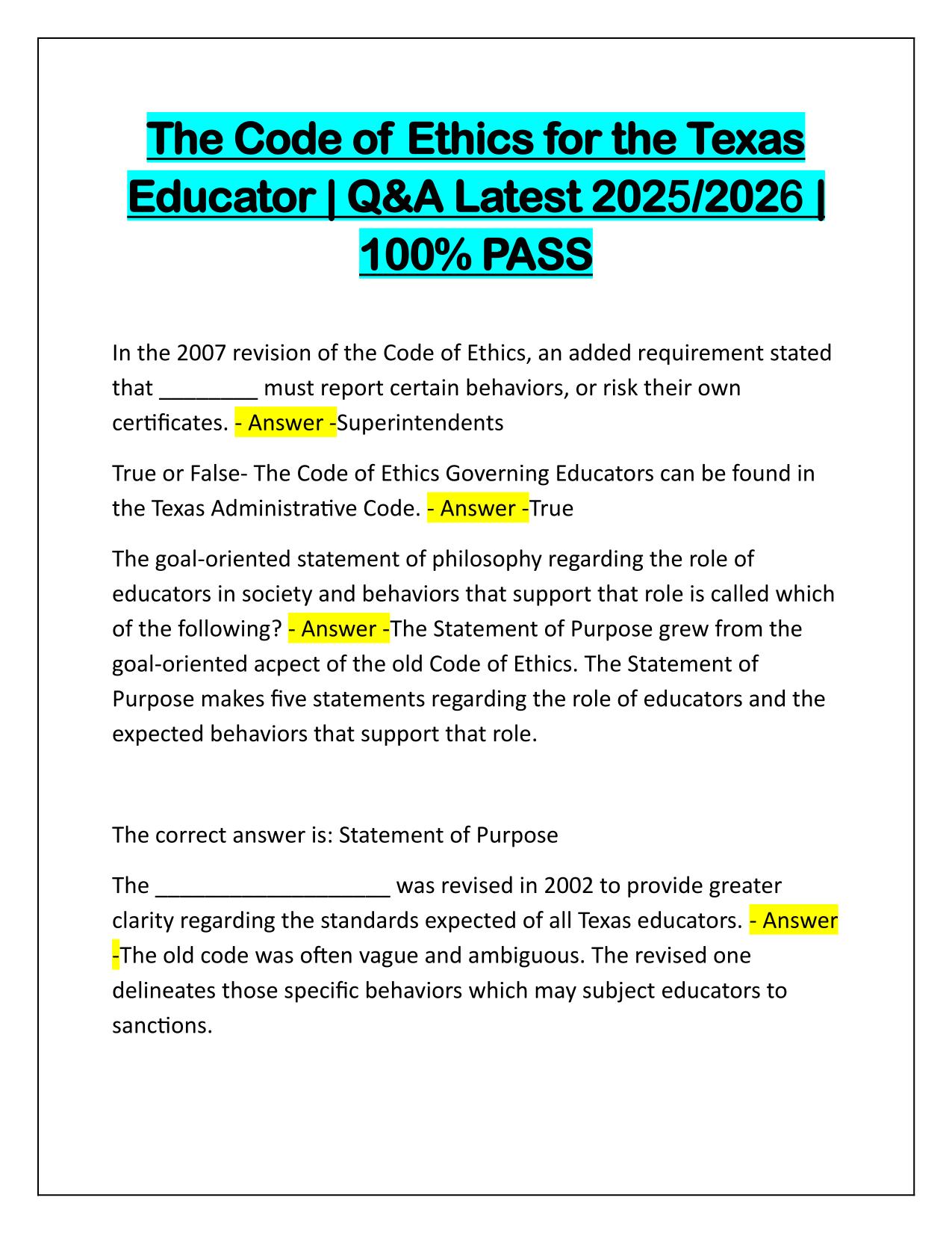 The Code of Ethics for the Texas Educator Q&A Latest Update