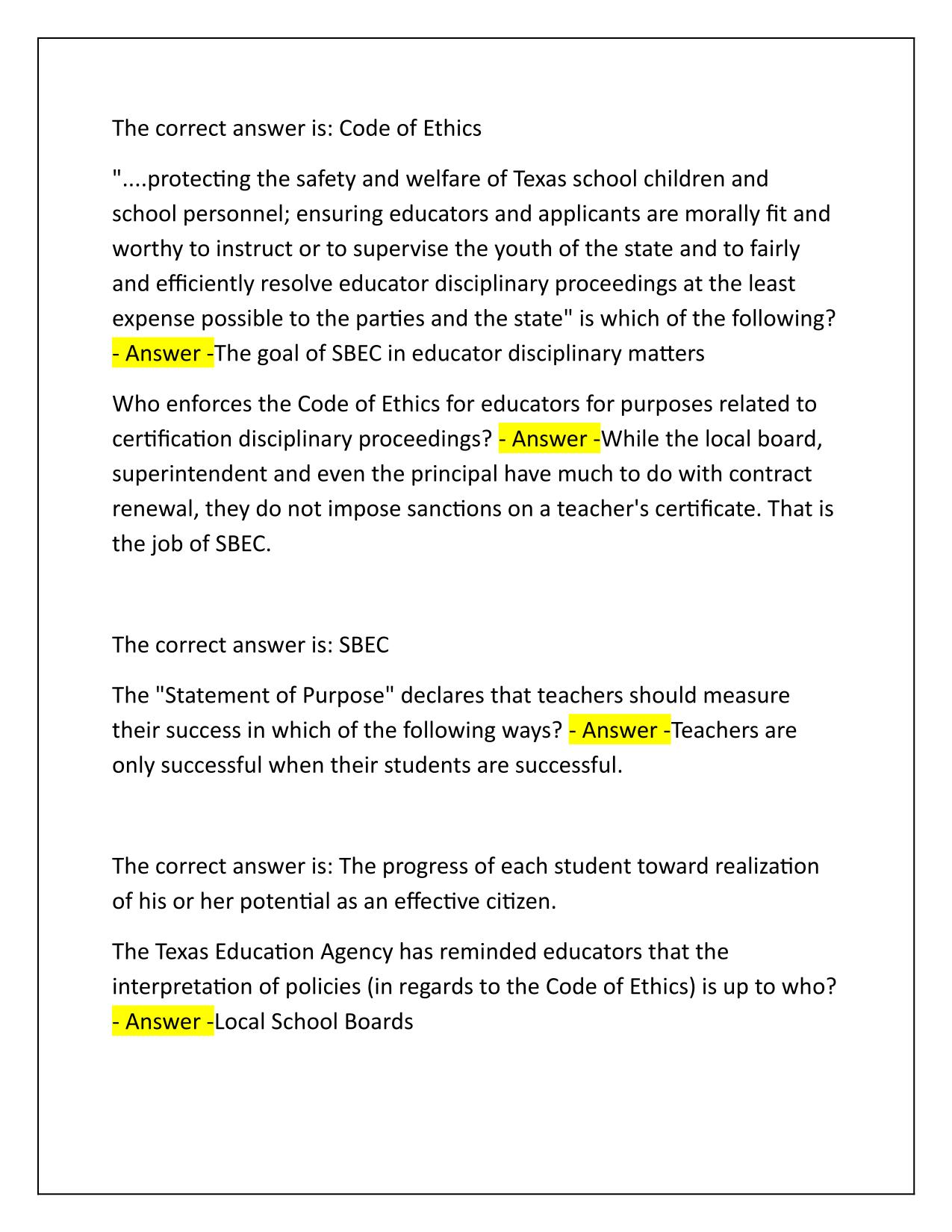 The Code of Ethics for the Texas Educator Q&A Latest Update