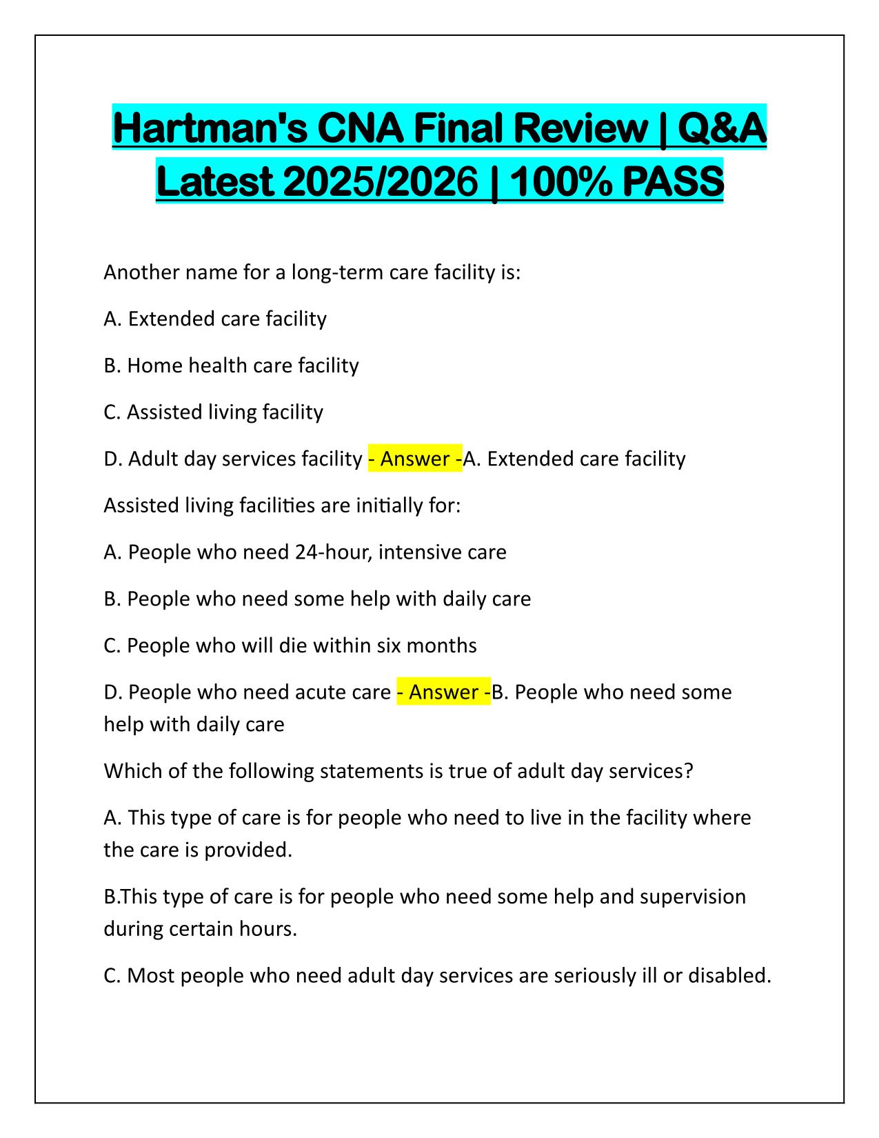 Hartman's CNA Final Review Q&A Latest Update 2025-2026