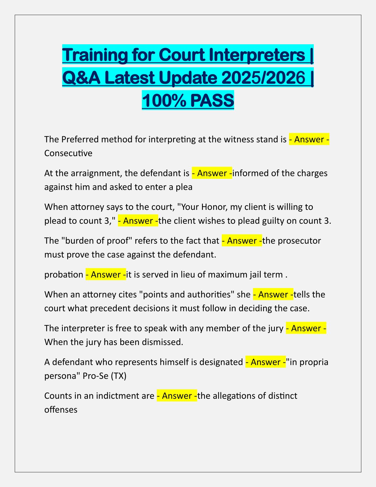 Training for Court Interpreters TEST Q&A Latest Update