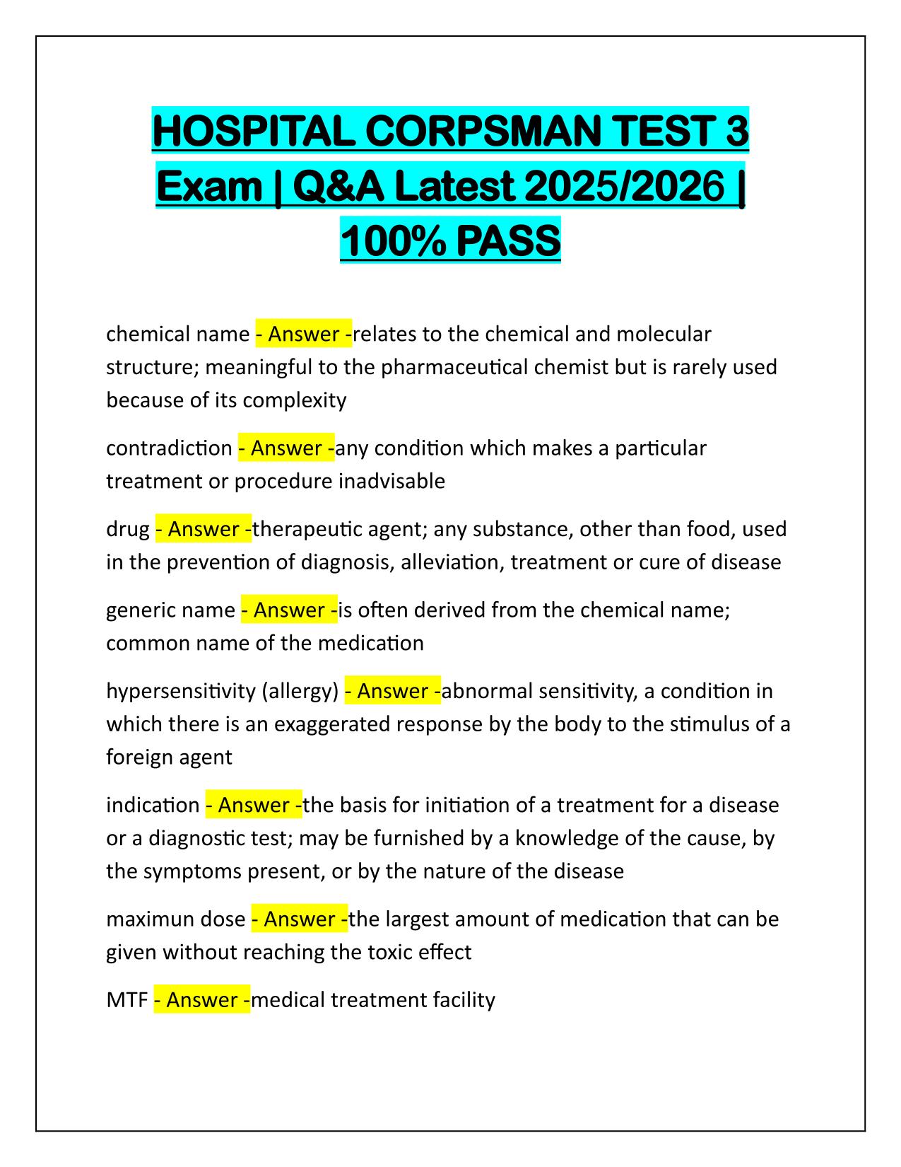 HOSPITAL CORPSMAN TEST 3 Exam Q&A Latest Update