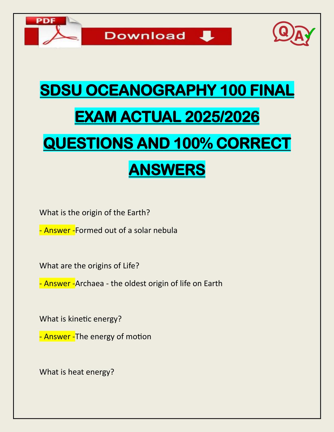 SDSU OCEANOGRAPHY 100 FINAL EXAM ACTUAL 2025/2026 WITH VERIFIED ANSWERS