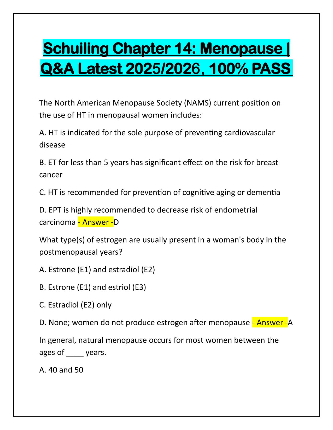 Schuiling Chapter 14 Menopause Correctly Answered Latest Update