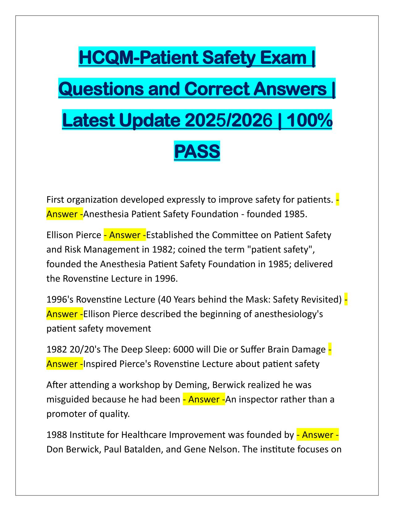 HCQM-Patient Safety Exam Questions and Answers
