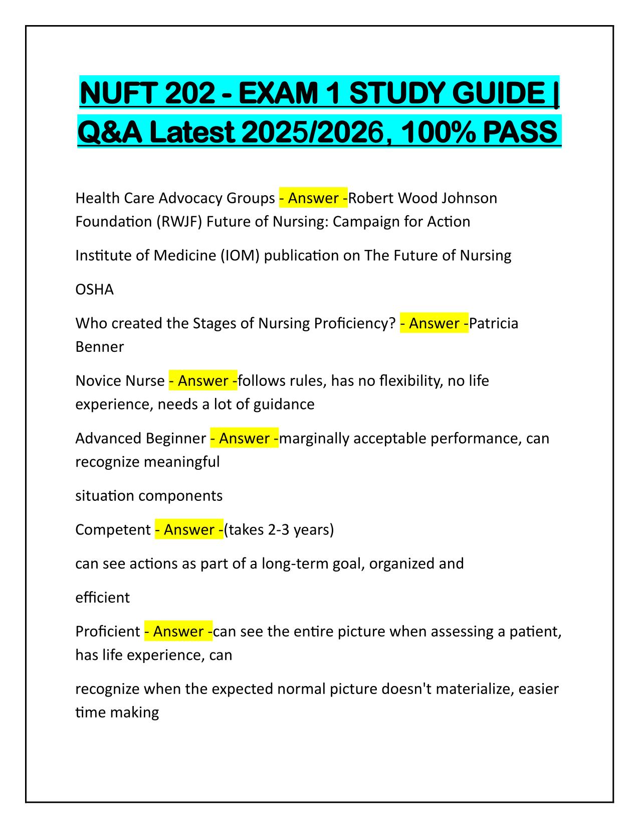 NUFT 202 EXAM 1 STUDY GUIDE Q&A Latest Update 2025 Grade A