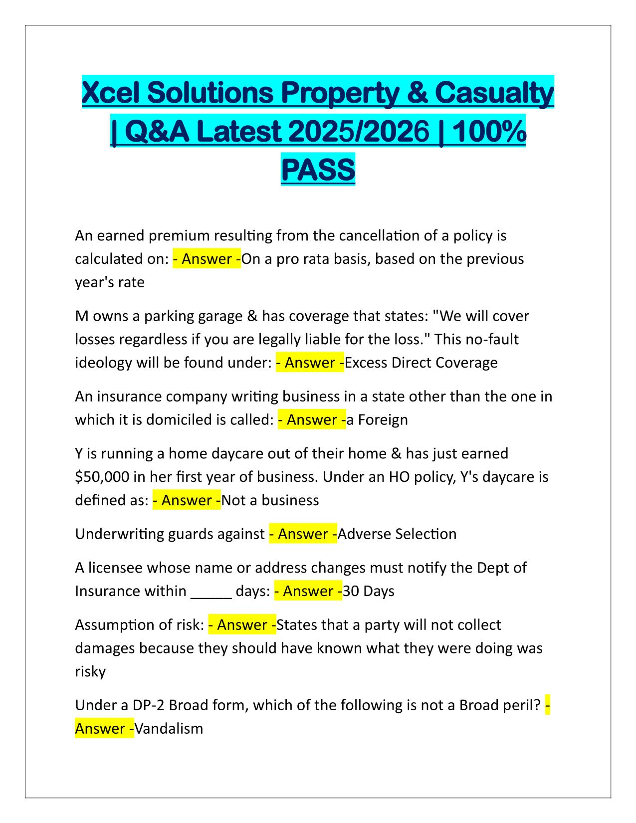 Xcel Solutions Property and Casualty EXAM Q&A Latest Update