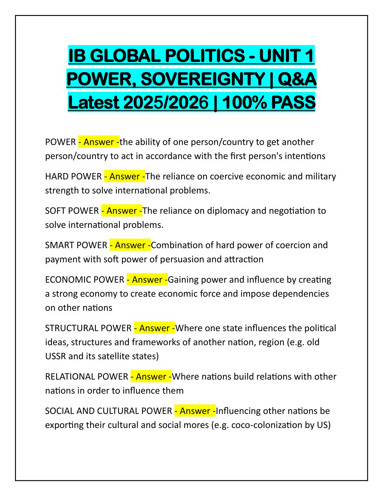 IB GLOBAL POLITICS - UNIT 1 POWER, SOVEREIGNTY Q&A Latest Update 