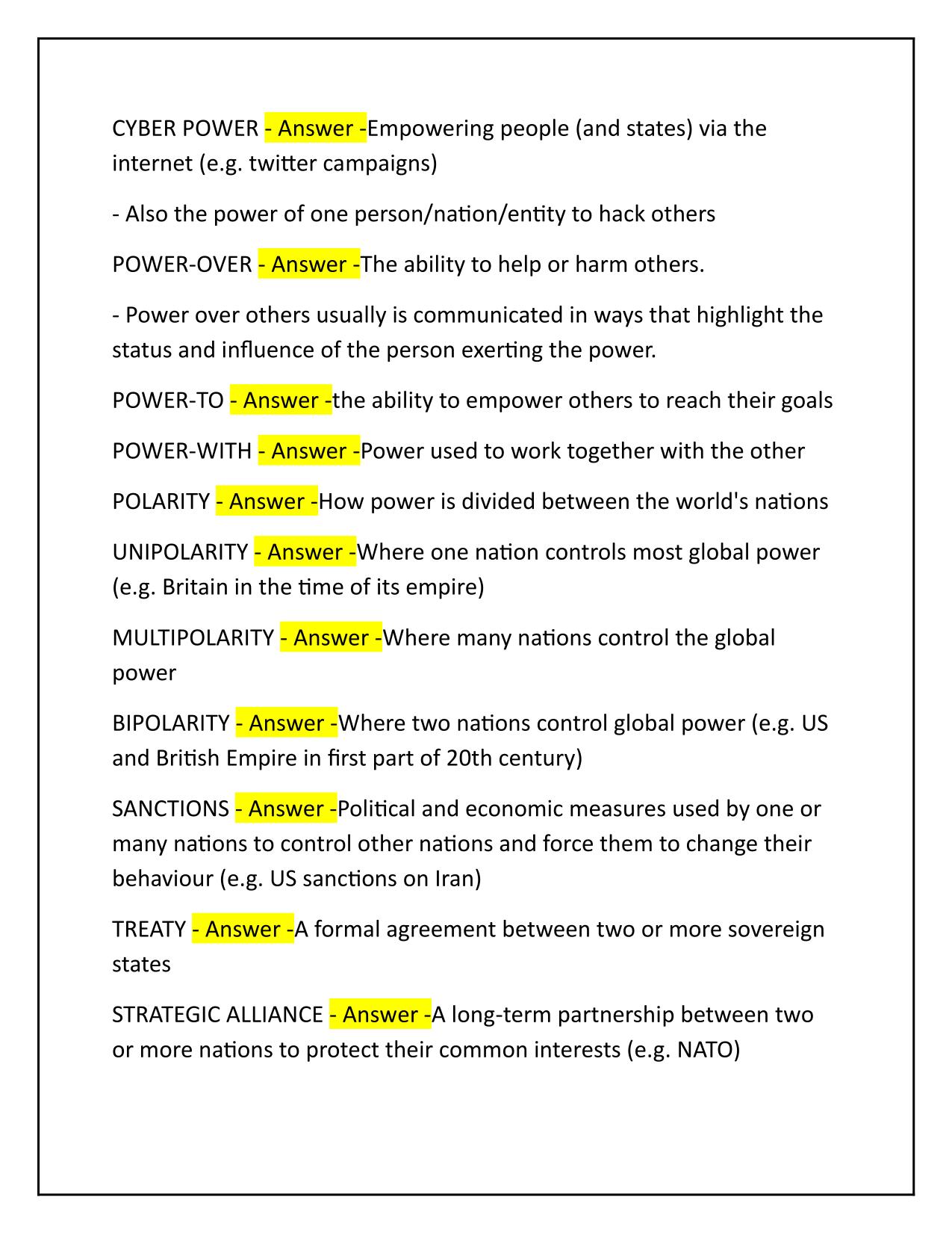 IB GLOBAL POLITICS - UNIT 1 POWER, SOVEREIGNTY Q&A Latest Update 