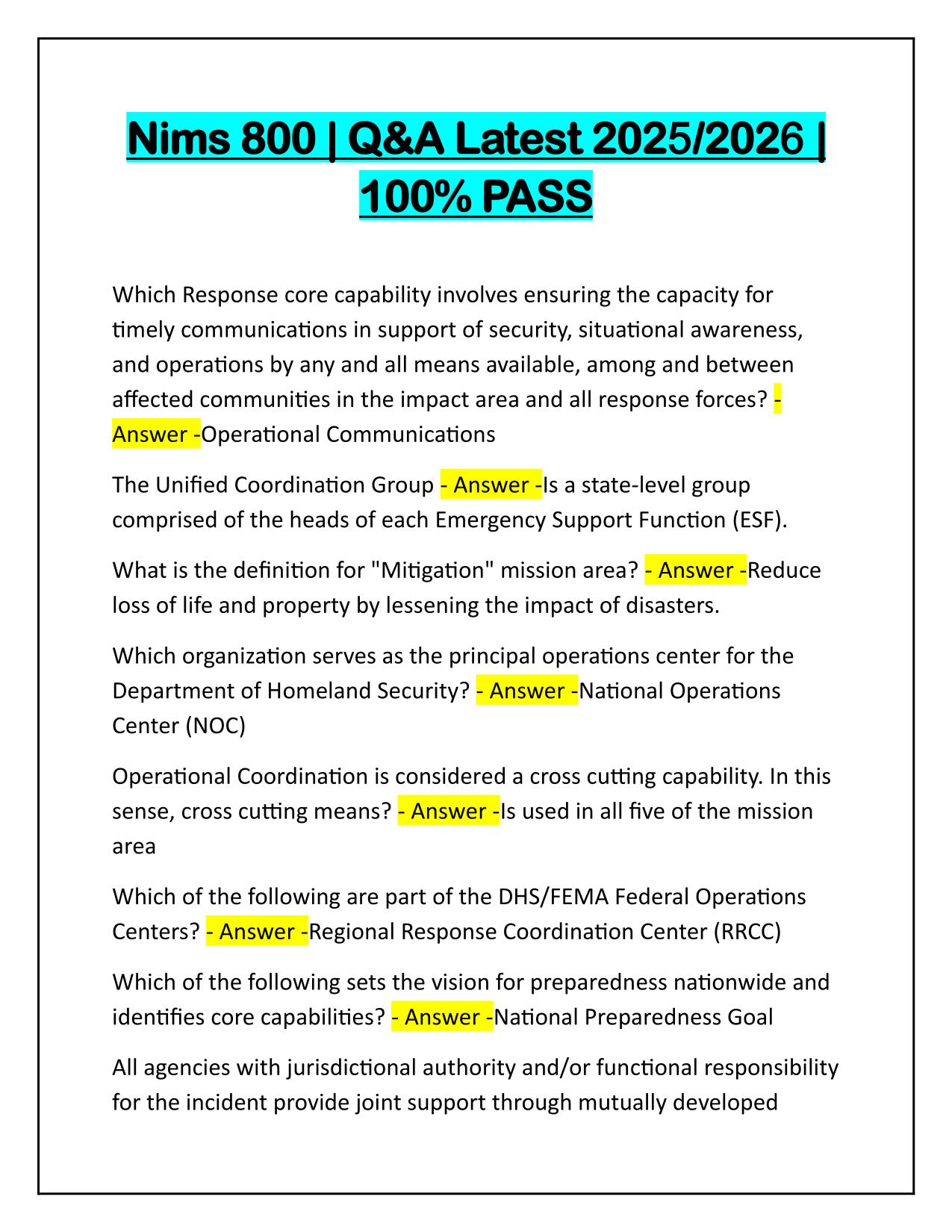 Nims 800 Exam Q&A Latest Update