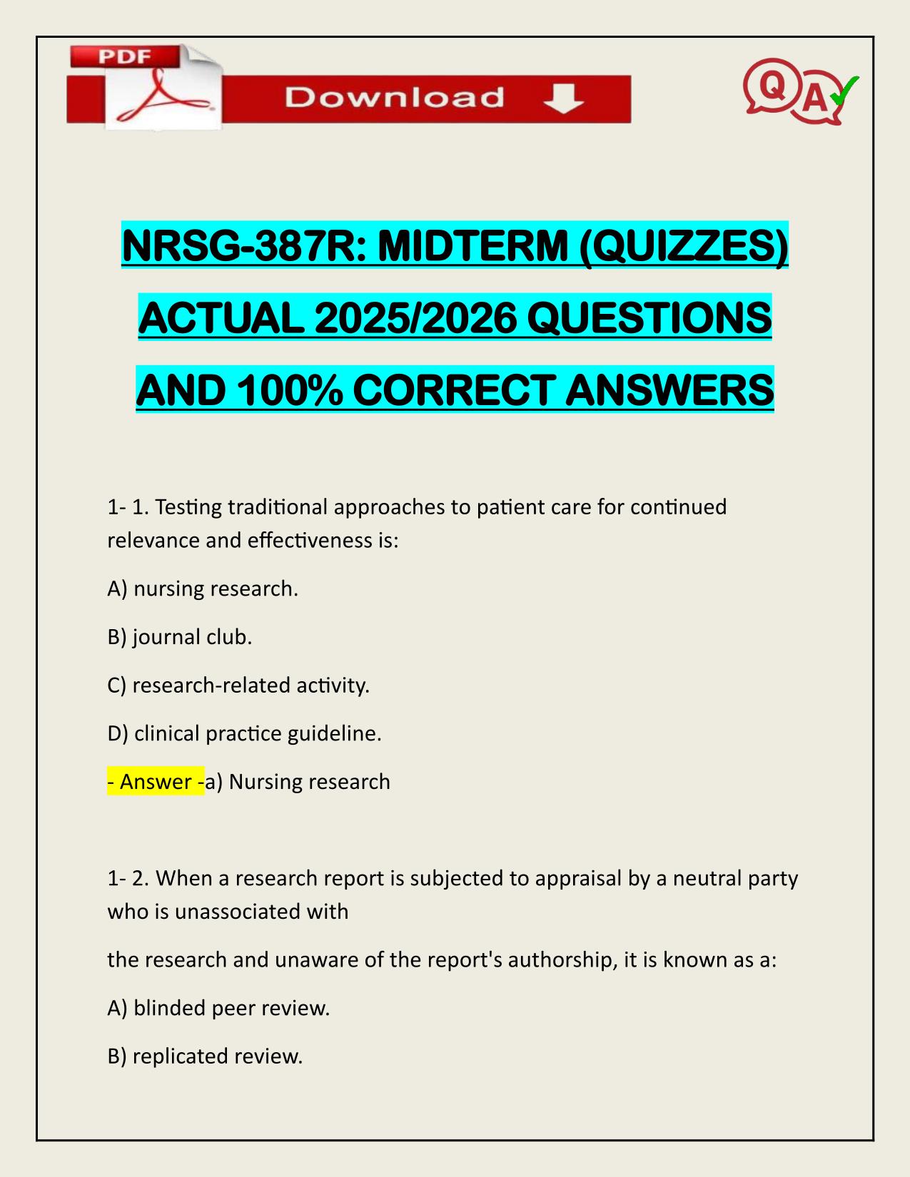 NRSG-387R: MIDTERM (QUIZZES) ACTUAL 2025/2026 UPDATED