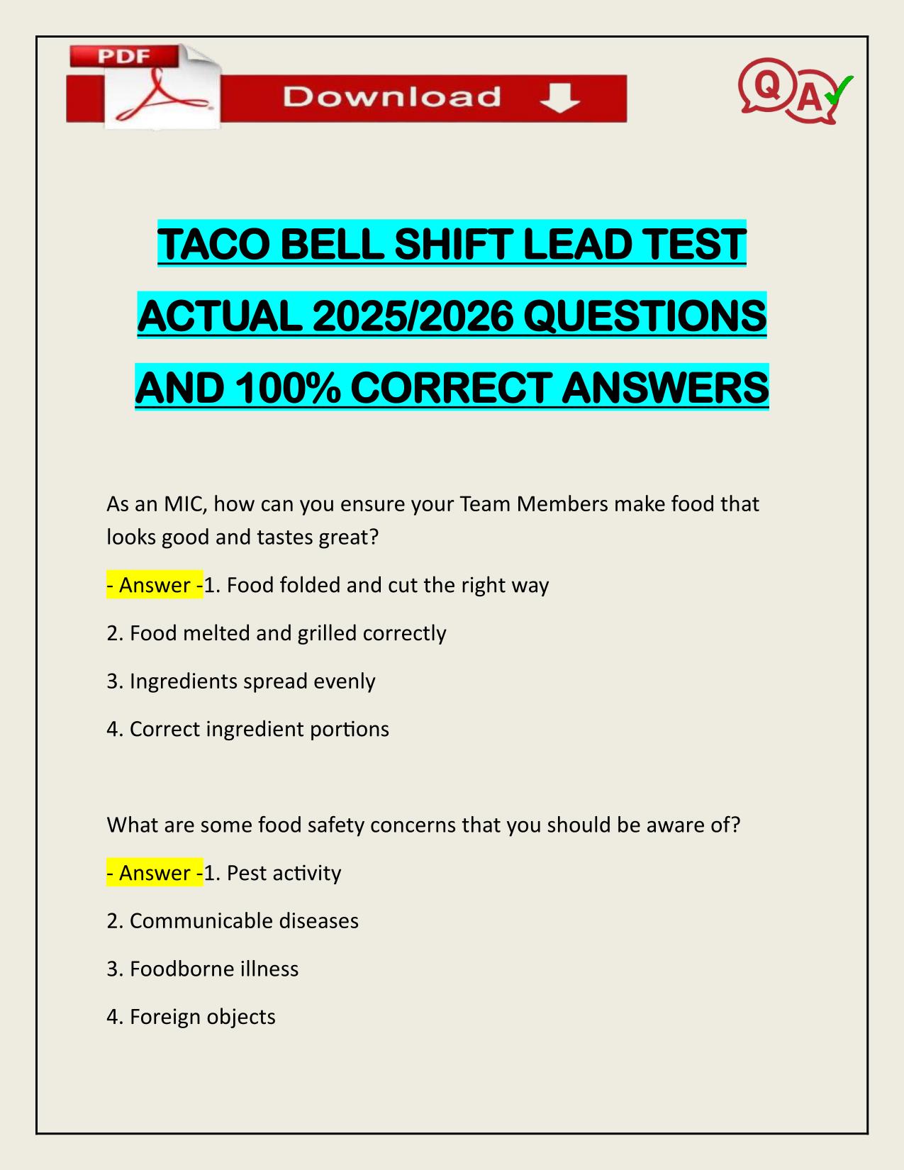 TACO BELL SHIFT LEAD TEST ACTUAL 2025/2026 QUESTIONS AND 100% CORRECT ANSWERS