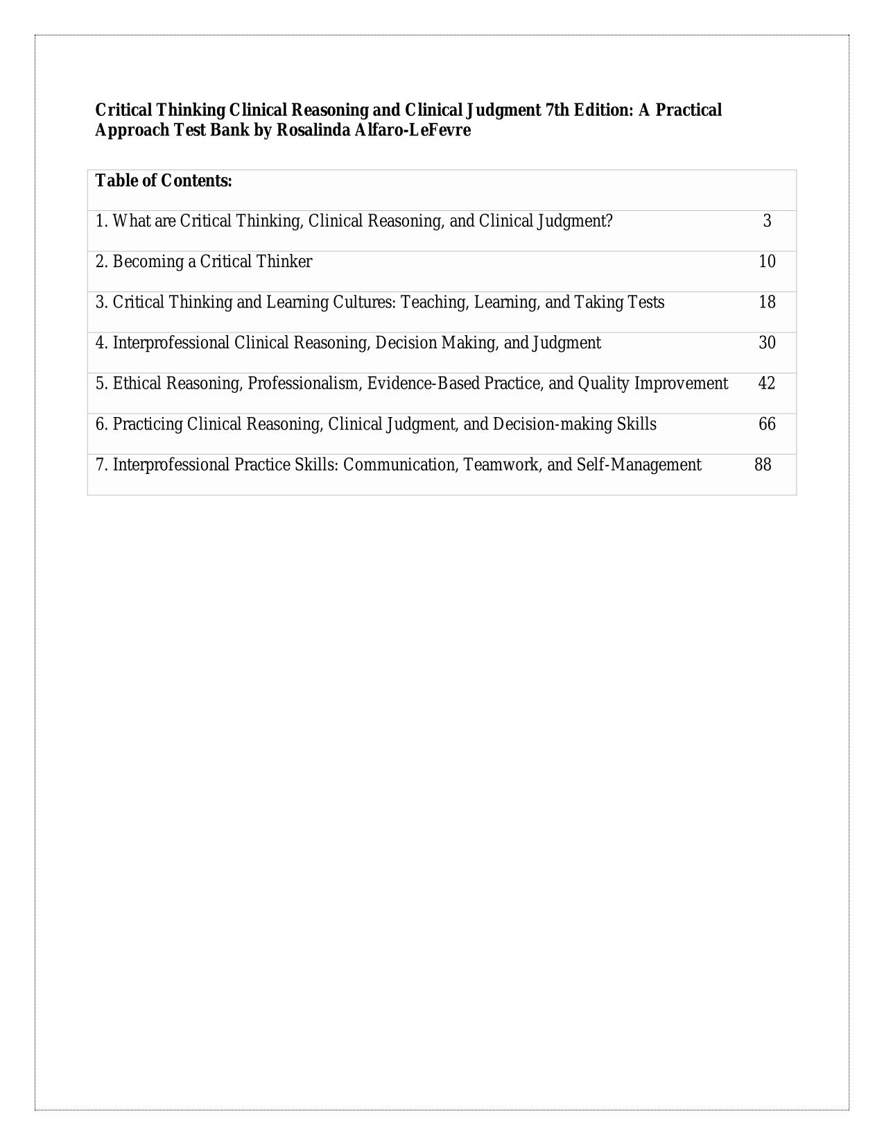 TEST BANK For Critical Thinking, Clinical Reasoning, and Clinical Judgment 7TH ED Rosalinda Alfaro-LeFevre