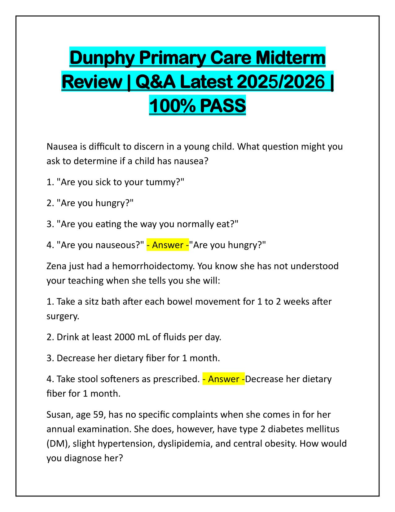 Dunphy Primary Care Midterm Review Questions and Solutions A Grade