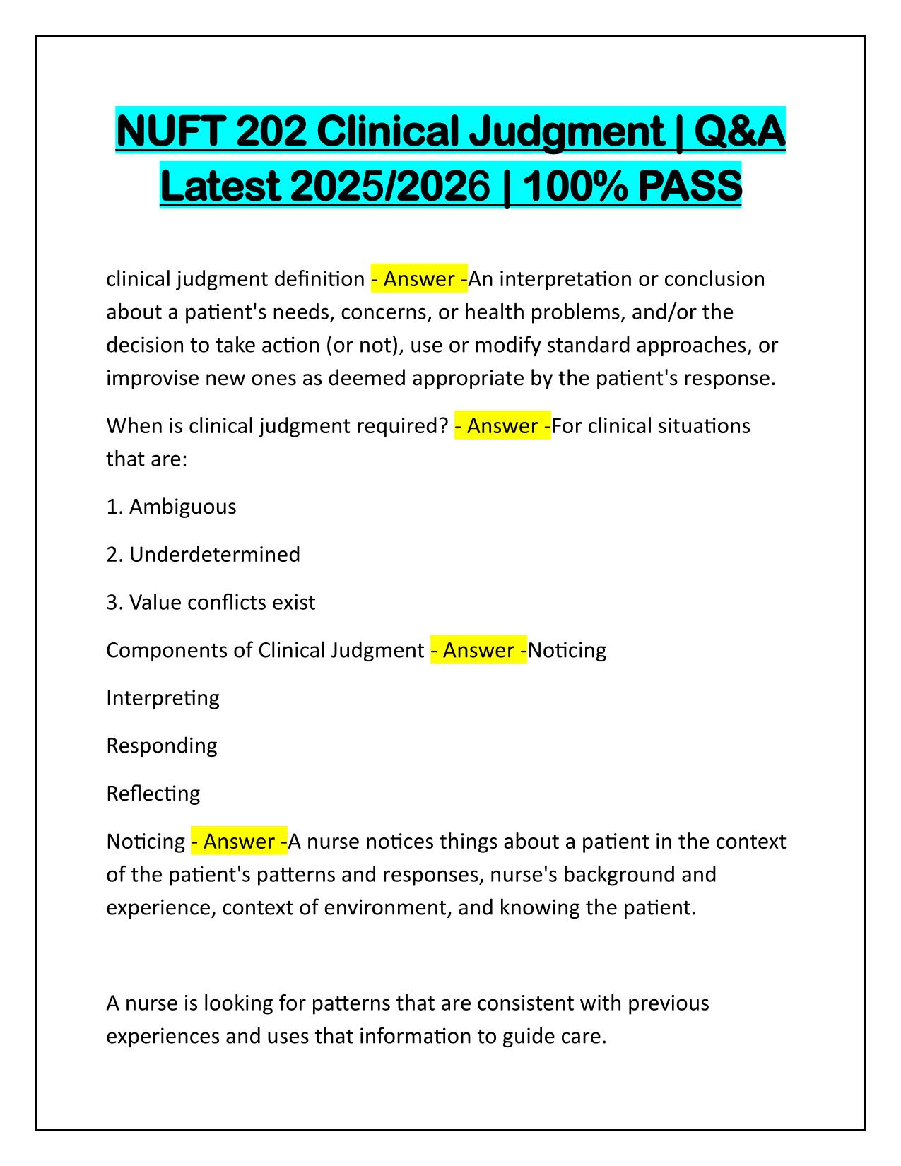 NUFT 202 Clinical Judgment Test Questions and Correct Answers 100% PASS