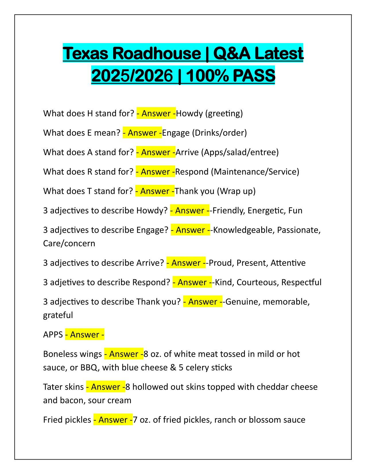 Texas Roadhouse Questions and Verified Solutions 2025-2026 Update