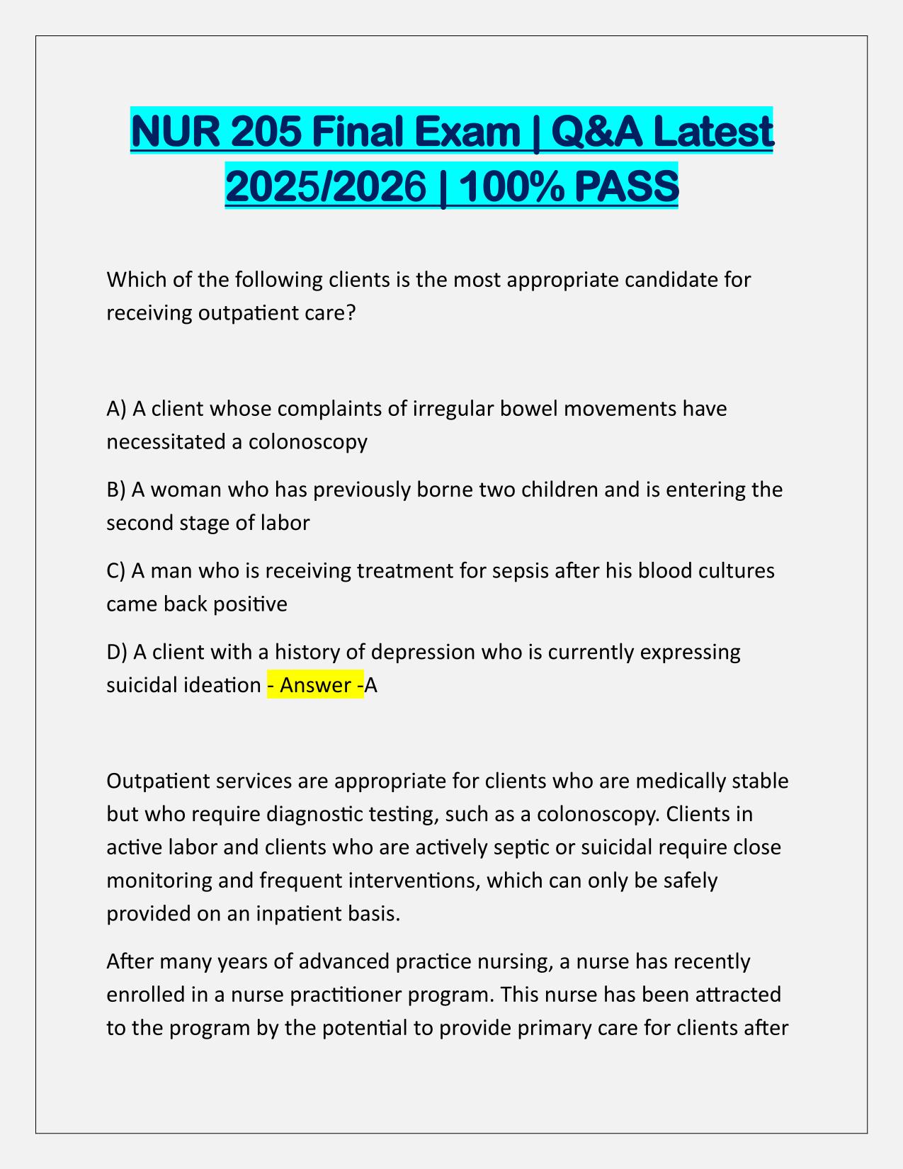 NUR 205 Final Exam Q&A Latest Update