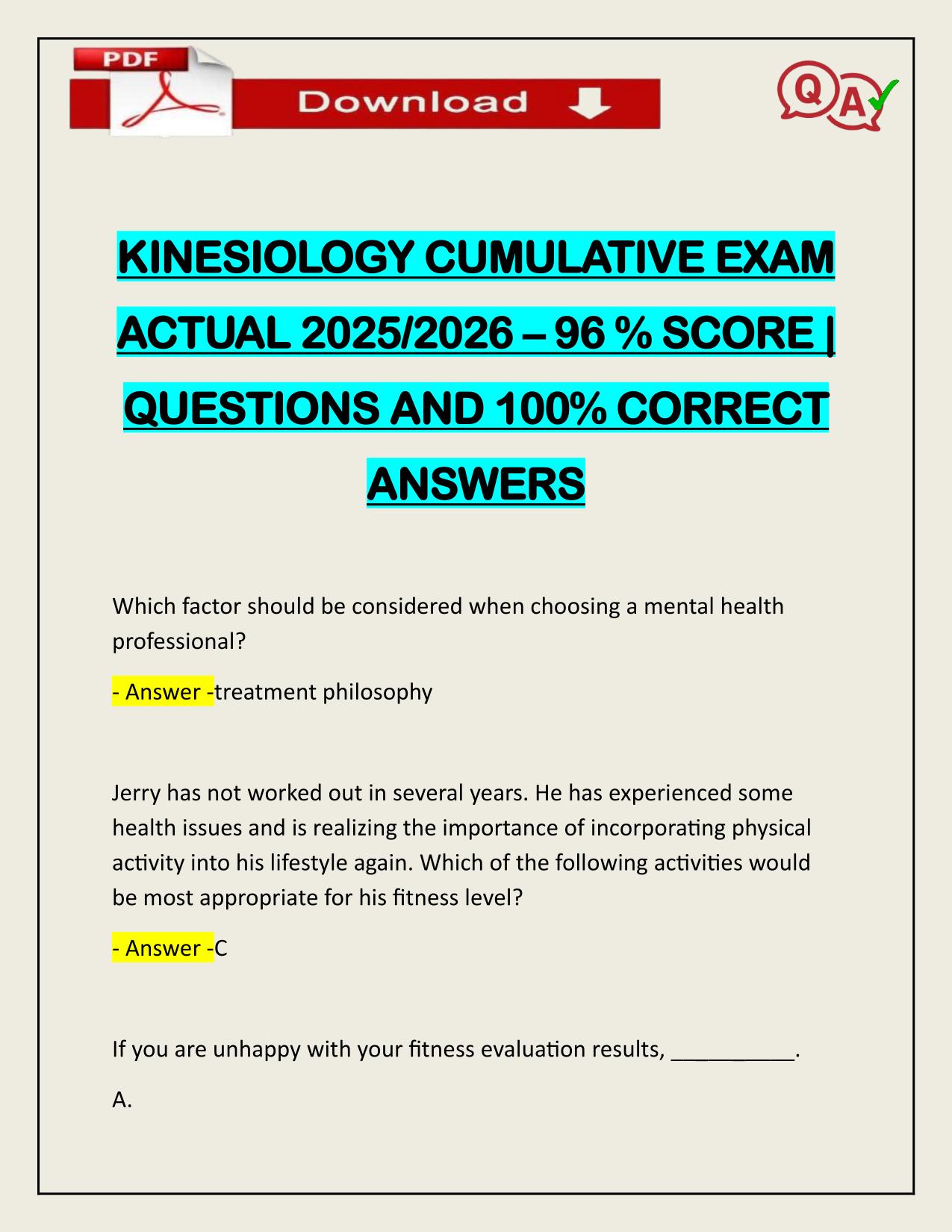 KINESIOLOGY CUMULATIVE EXAM ACTUAL 2025/2026 – 96 % SCORE | QUESTIONS AND 100% CORRECT ANSWERS