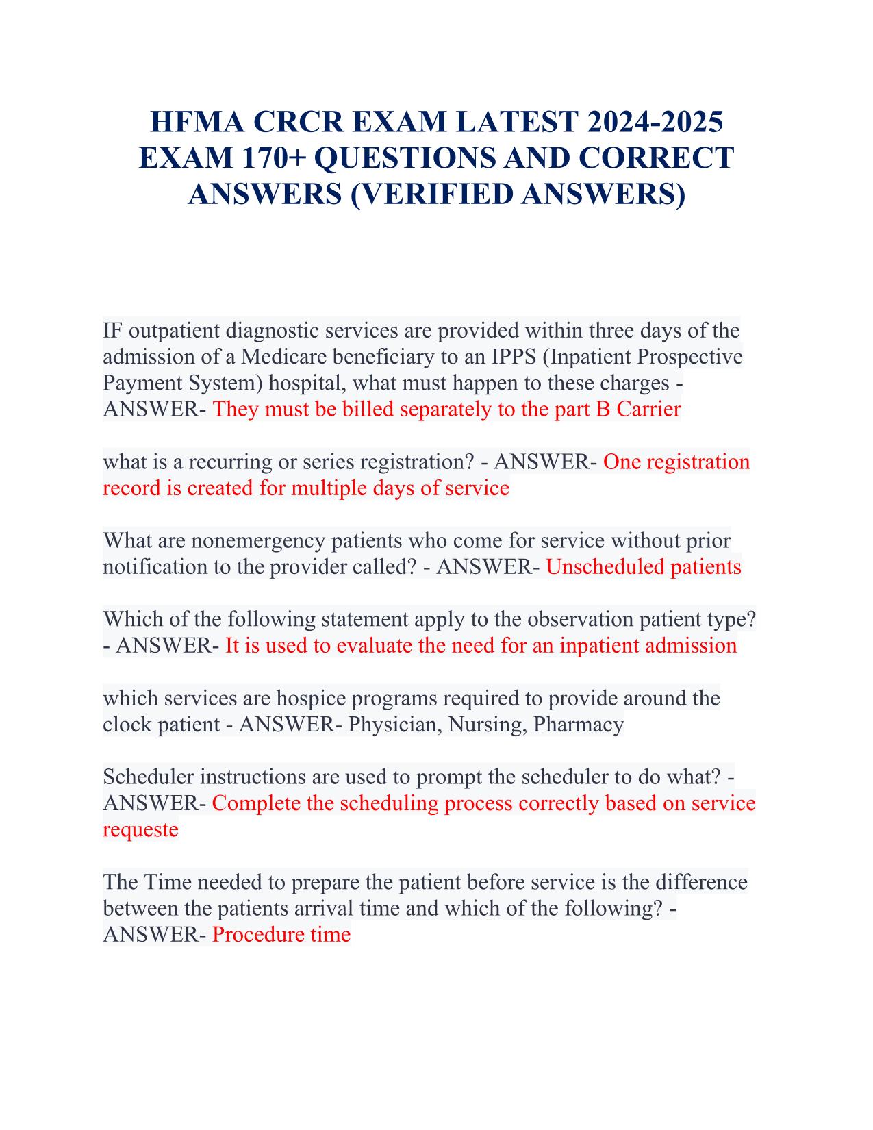 HFMA CRCR EXAM LATEST 2025 EXAM 170+ QUESTIONS AND CORRECT ANSWERS