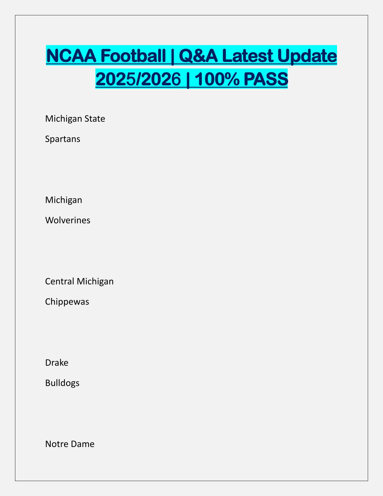 Package Deal for NCAA Football EXAMS Q&A Latest Update
