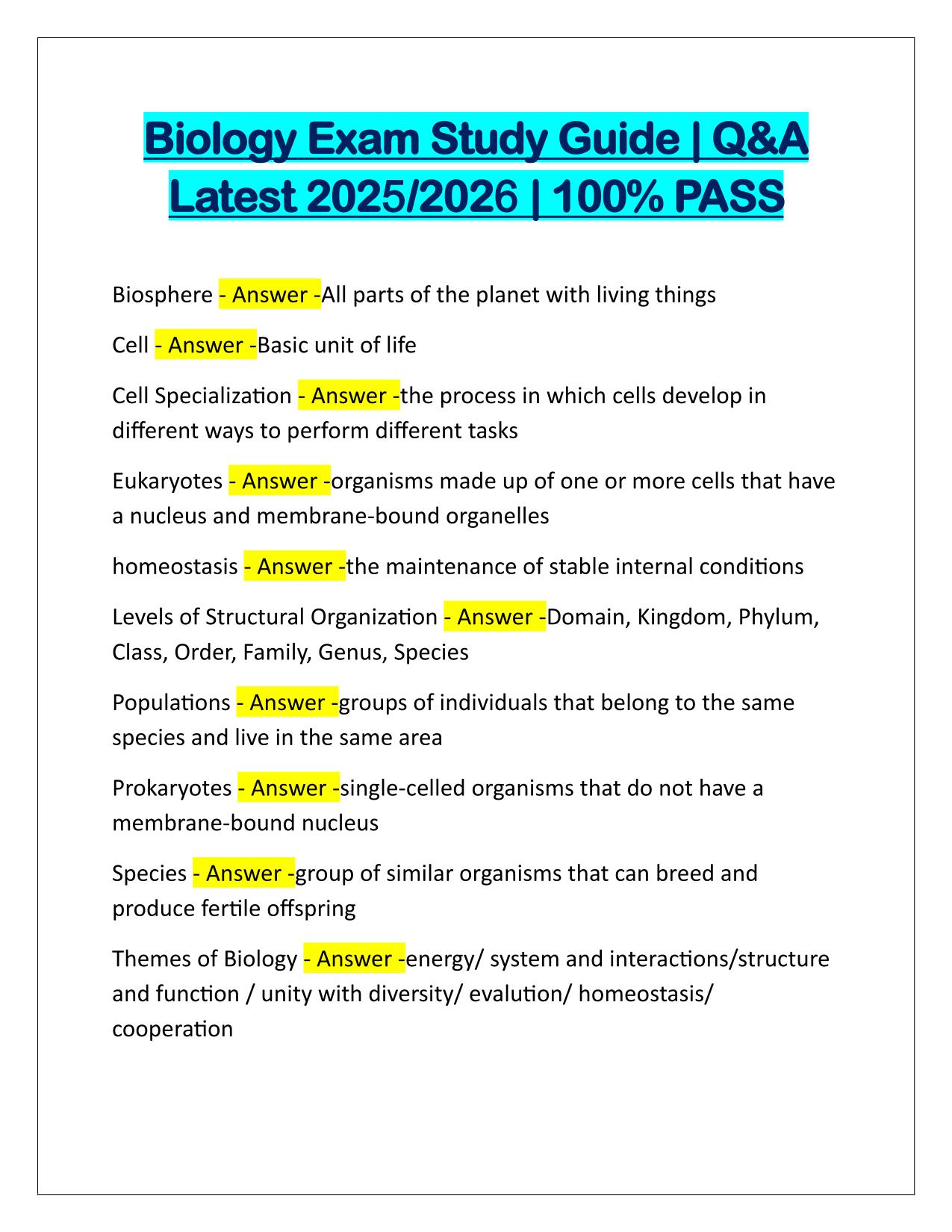 Biology Exam Study Guide Q&A Latest Update