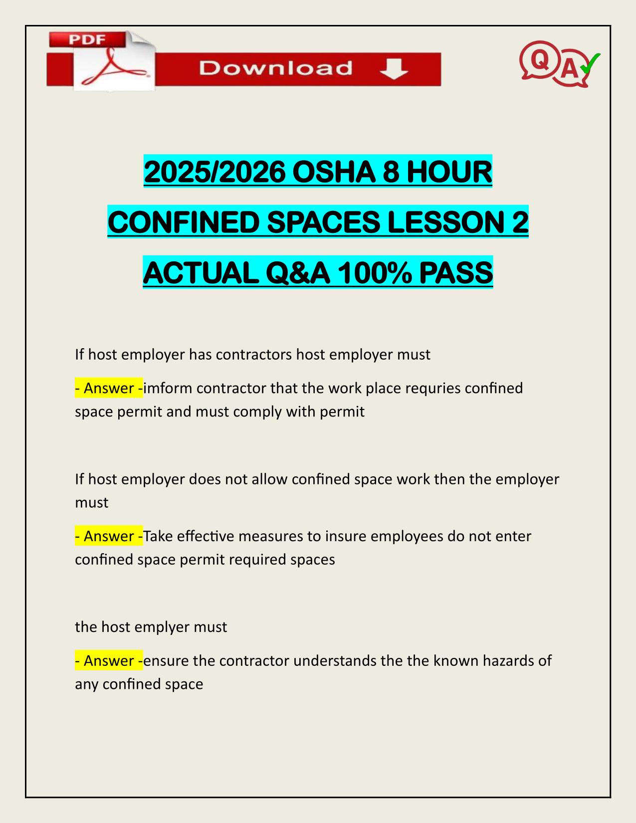 2025/2026 OSHA 8 HOUR CONFINED SPACES LESSON 2 ACTUAL Q&A 100% PASS