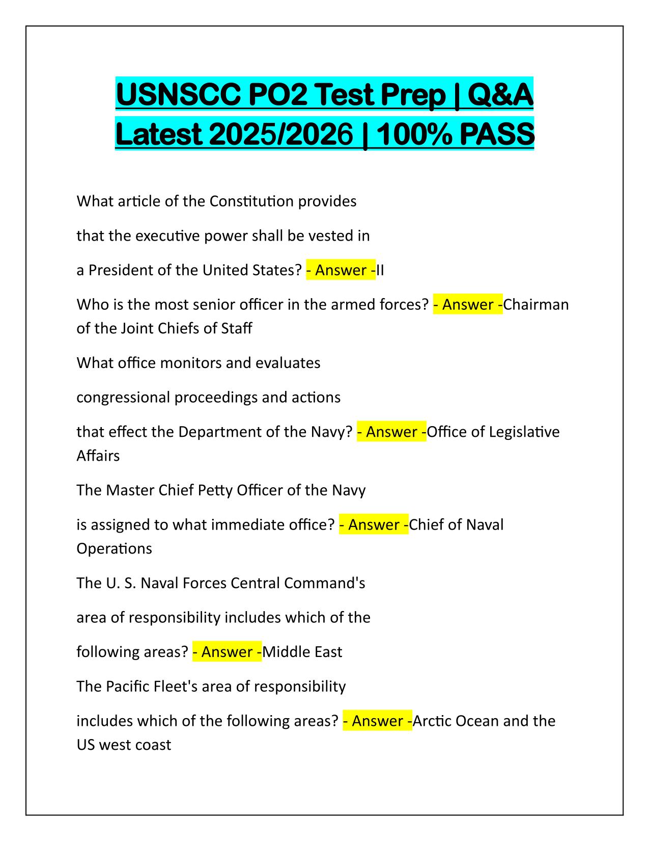 USNSCC PO2 Test Prep Q&A Latest Update