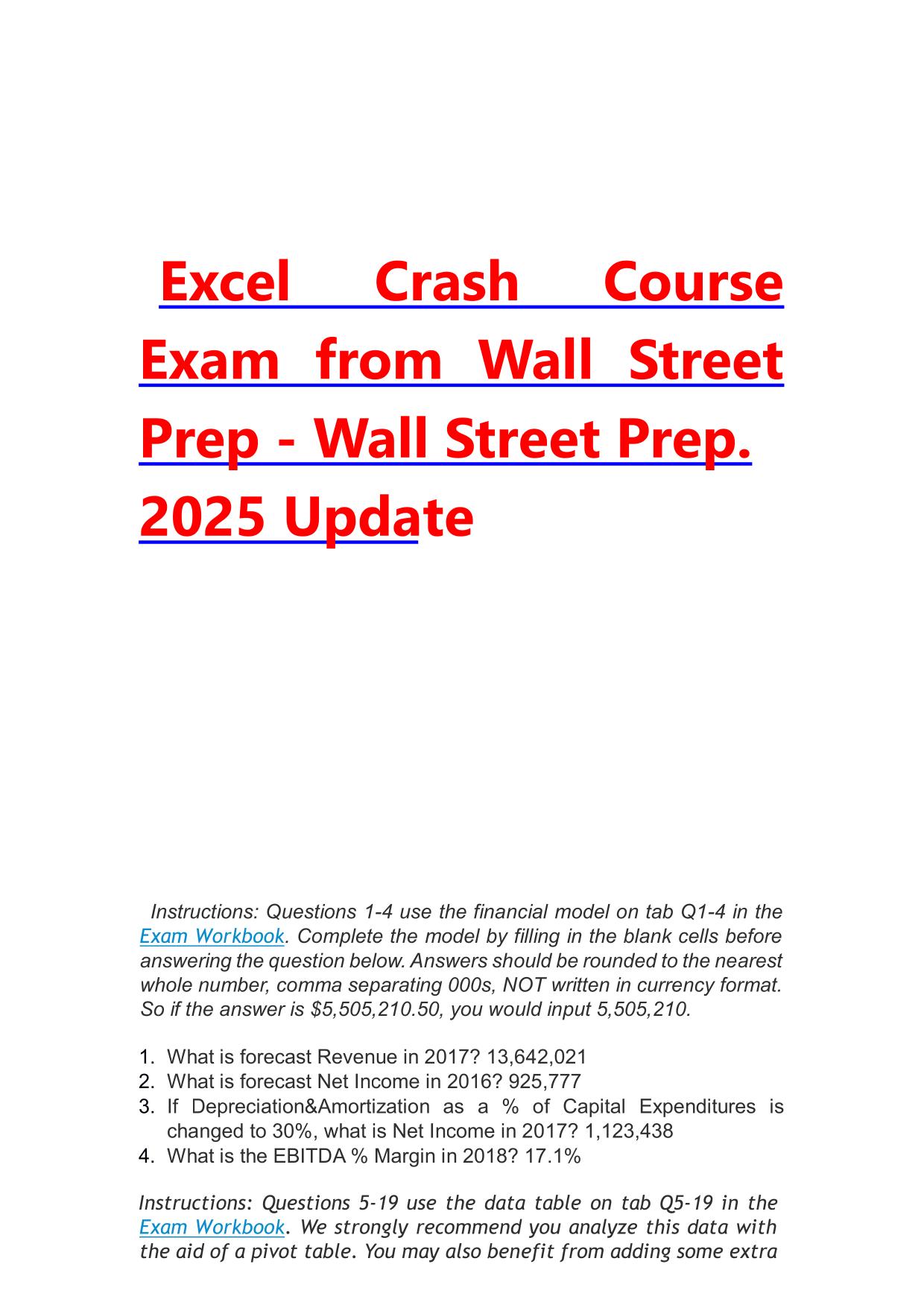 2025 Excel Crash Course Exam from Wall Street Prep, Latest Update