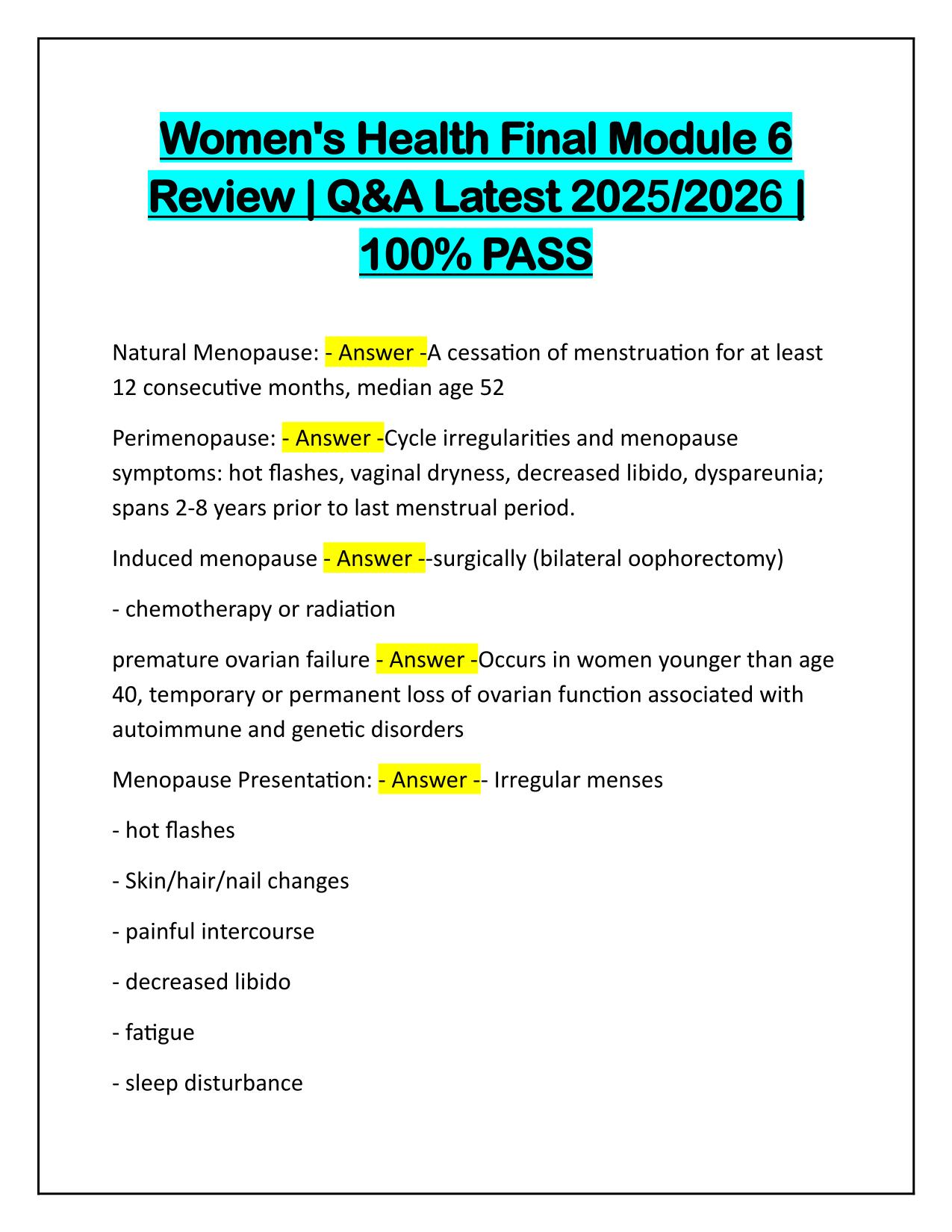 Womens Health Final Module 6 Review Q&A Latest Update 2025-2026