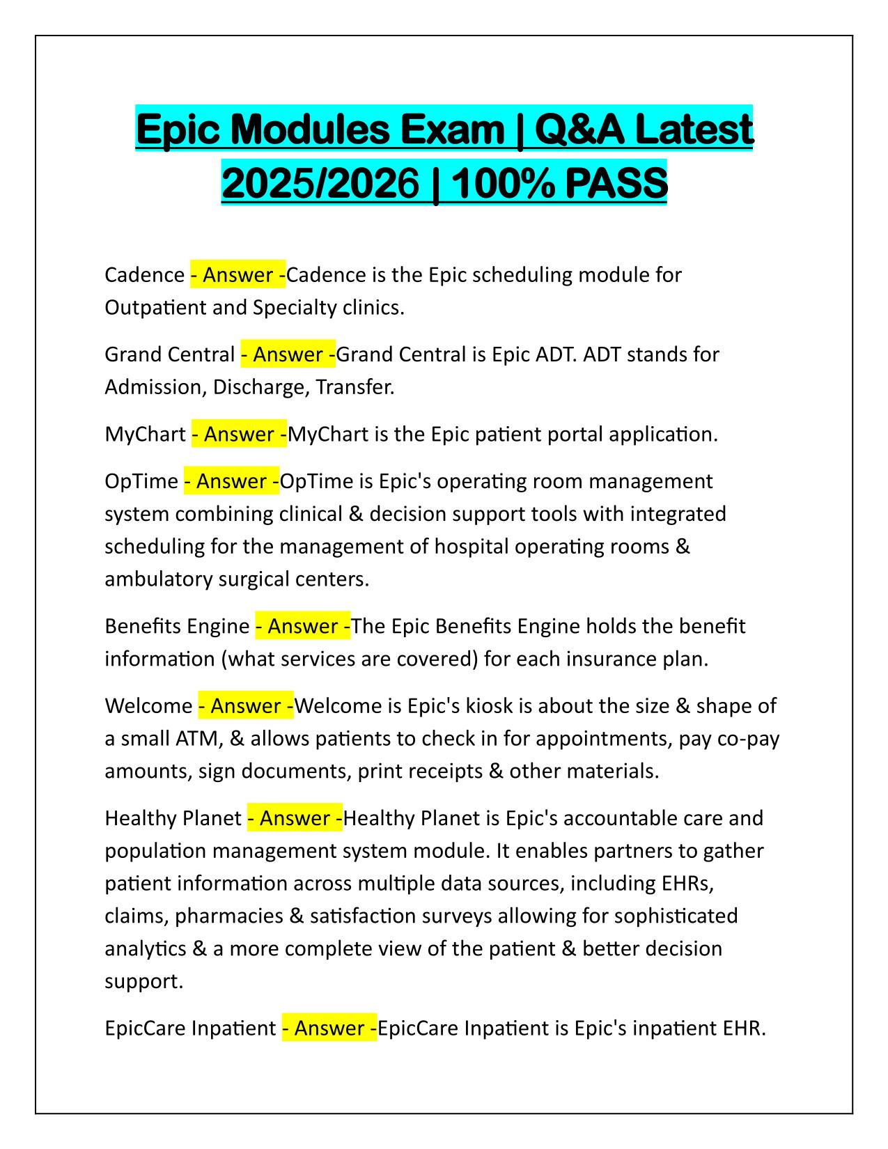 Epic Modules Exam Q&A Latest Update 2025