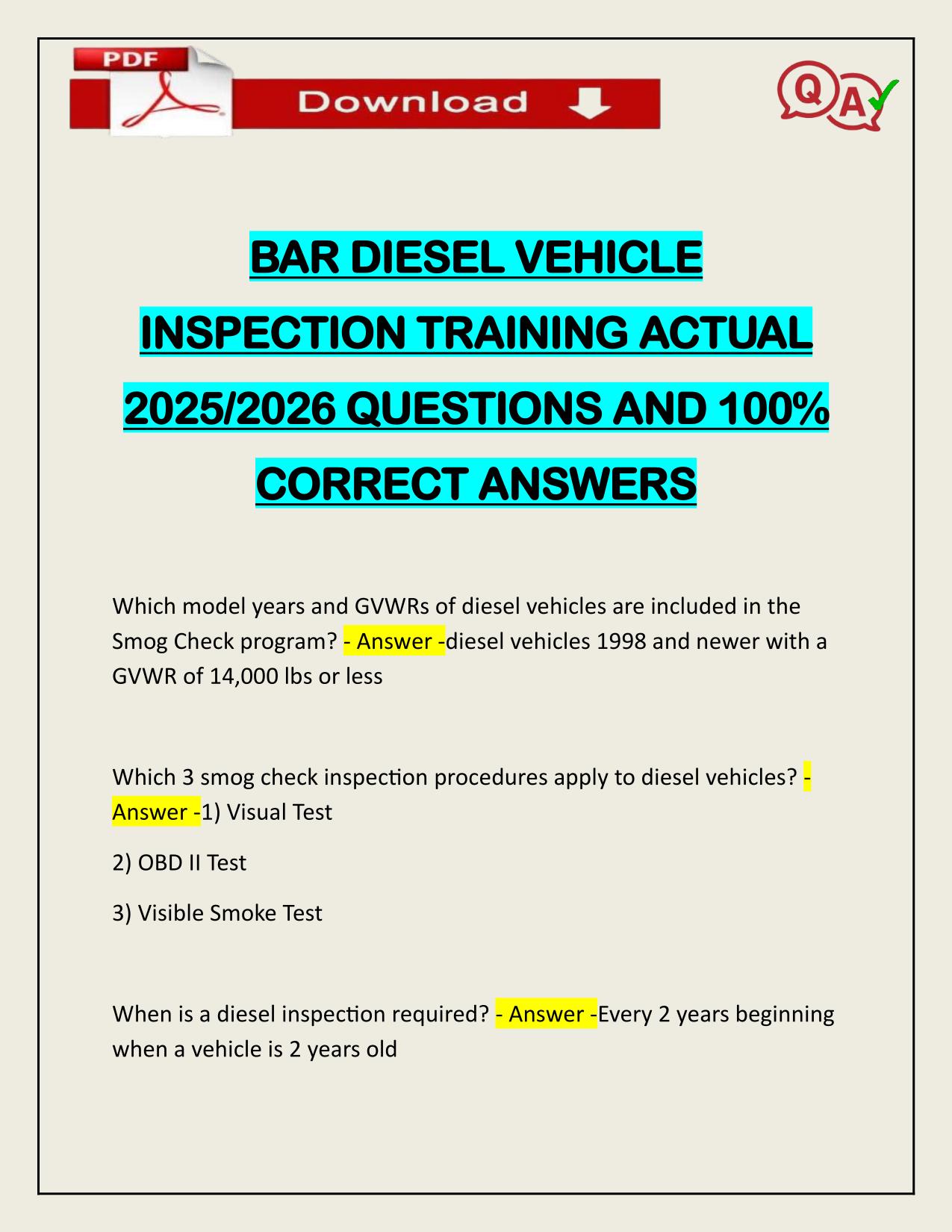 BAR DIESEL VEHICLE INSPECTION TRAINING ACTUAL 2025/2026