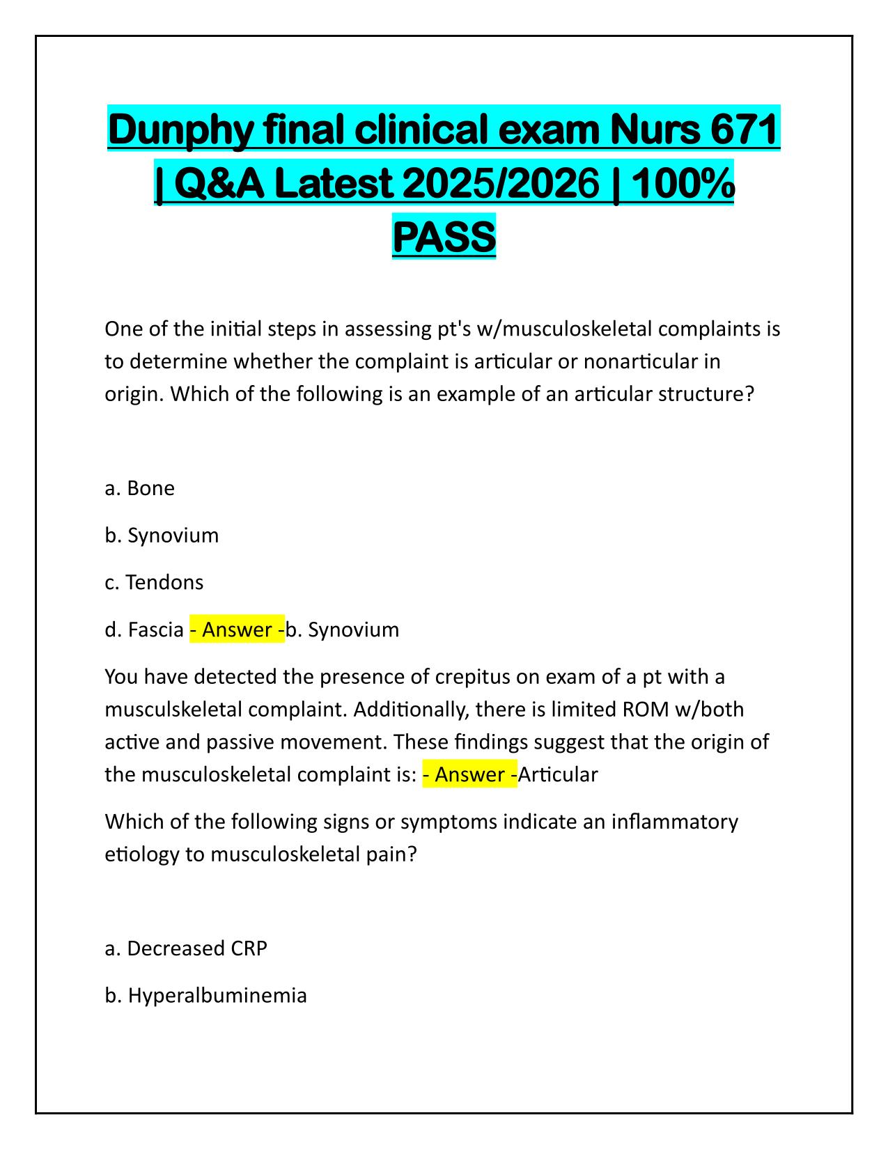 Dunphy final clinical exam Nurs 671 Q&A Latest Update 2025