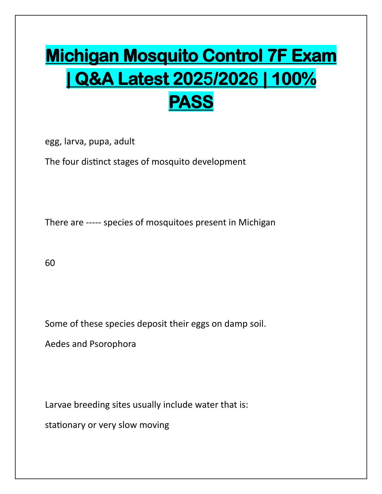 Michigan Mosquito Control 7F Exam Correctly Answered Latest Update